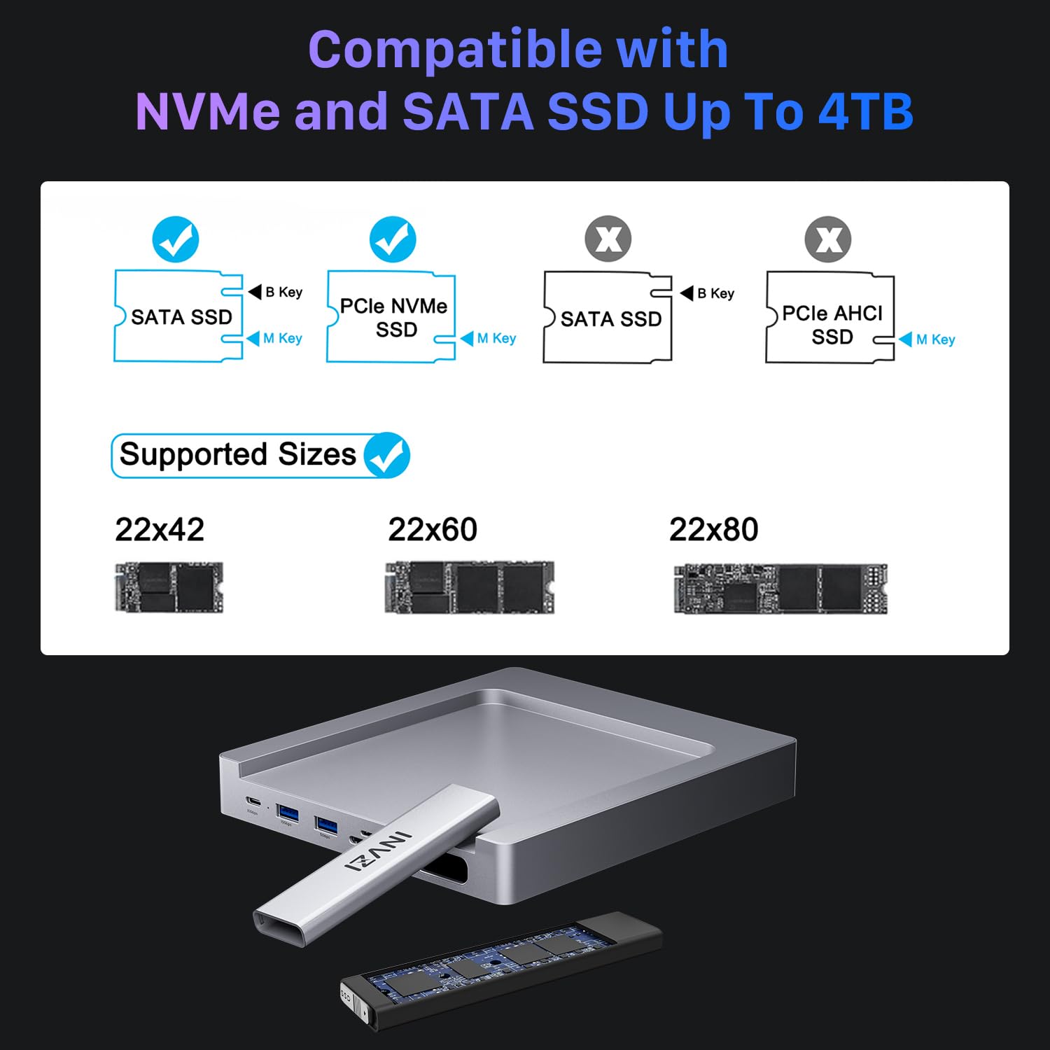 Compatible with NVMe and SATA SSD Up To 4TB

- SATA SSD (B Key, M Key)
- PCIe NVMe SSD (M Key)
- PCIe AHCI SSD (M Key)

Supported Sizes:
- 22x42
- 22x60
- 22x80