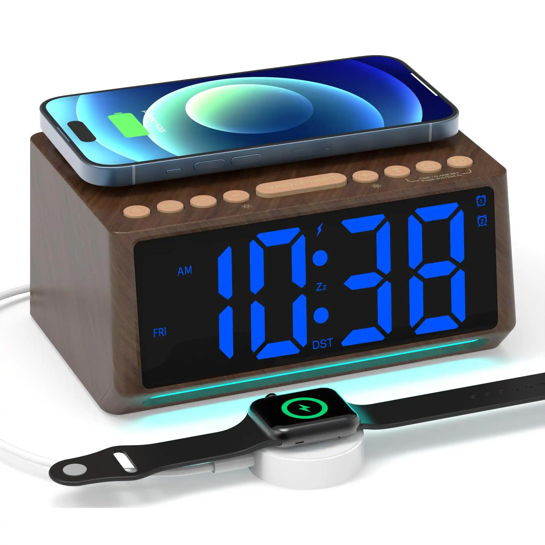 Cedar Assembly - Retro Digital Alarm Clocks For Bedrooms With Numbers Desk Clock Wireless Charging Station 7 Mood Lights D - Blue