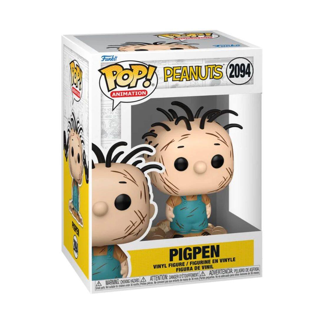 FORLA Funko 1 POP! PEANUTS 2094  
ANIMATION BM PIGPEN EN VINYLE FIGURE I FIGURINE VINYL DE VINIL FIGURA  
ADVERTENCIA: PELIGRO DE ASFIXIA A . 3 - DTOUFFEMENT, -  puloe DANGER pequeros - . HAZARO A ATTENTION: - . nom SE  mat Parten A WARNING CHOKING pilcss lo -on - -o 3 nuts Pettes M wr Seal