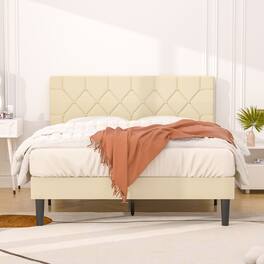 Vecelo - Full Size Bed Frame with Button Tufted Headboard,Upholstered Platform Bedframe with Wood Slat Support - Beige