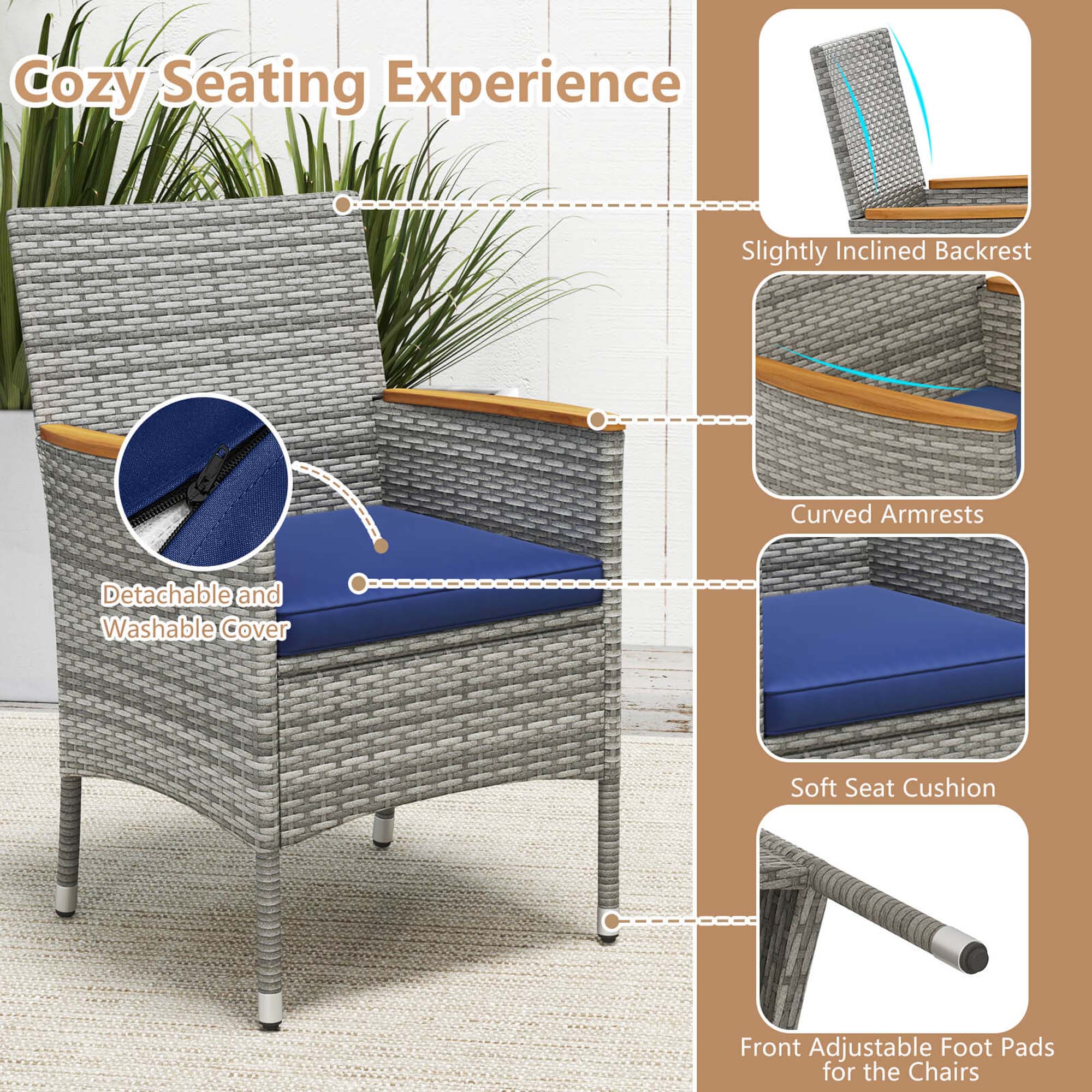 Cozy Seating Experience: Slightly Inclined Backrest, Curved Armrests, Detachable and Washable Cover, Soft Seat Cushion, Front Adjustable Foot Pads for the Chairs.