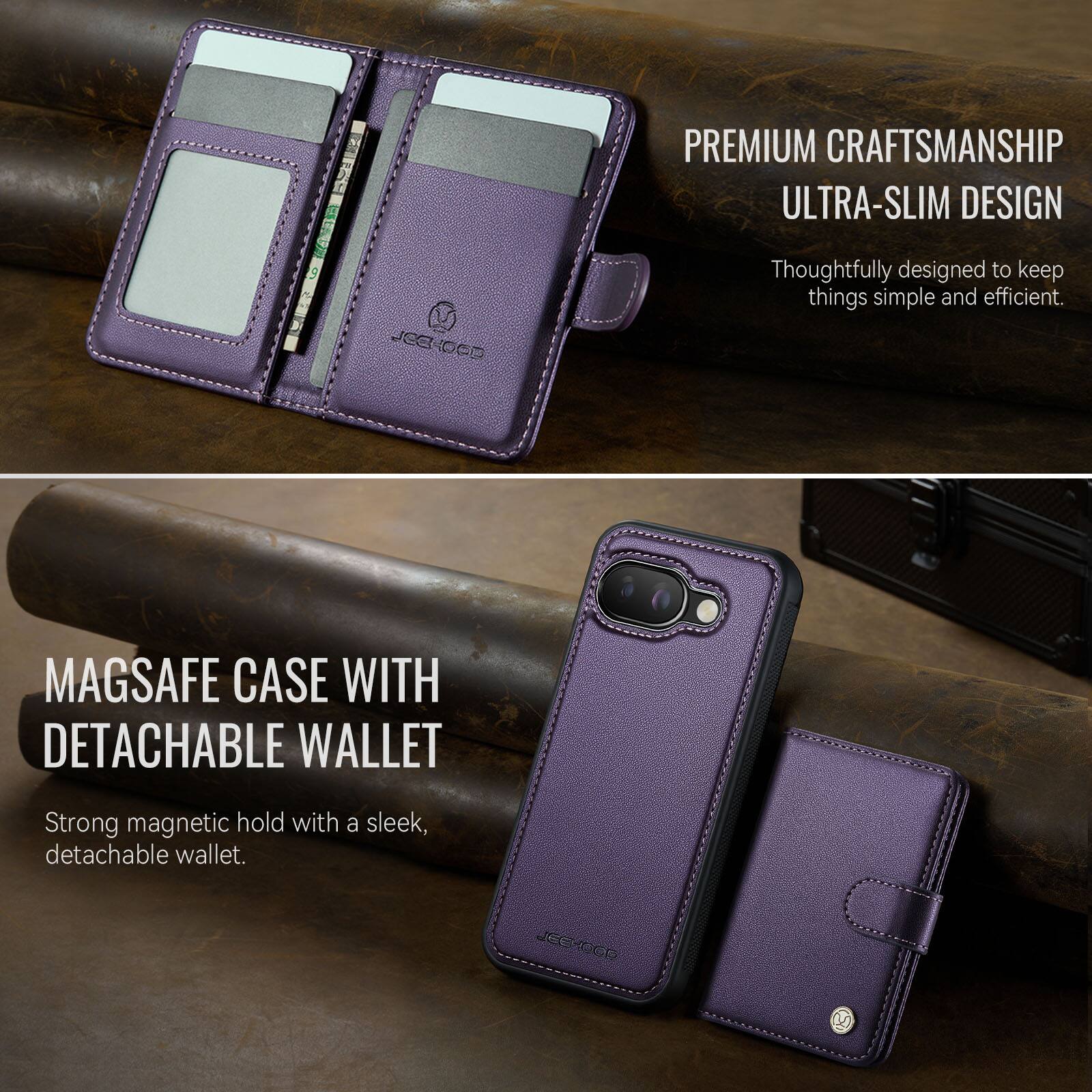 PREMIUM CRAFTSMANSHIP  
ULTRA-SLIM DESIGN  
Thoughtfully designed to keep things simple and efficient.  

MAGSAFE CASE WITH DETACHABLE WALLET  
Strong magnetic hold with a sleek, detachable wallet.