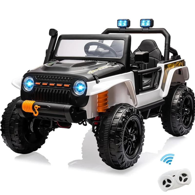 Maxxis Merch - 24V Ride On Car for Kids, 2 Seater Electric Truck with Remote Control, 4x45W Powerful Engine, 4WD/2WD Switchable,B&White - Black