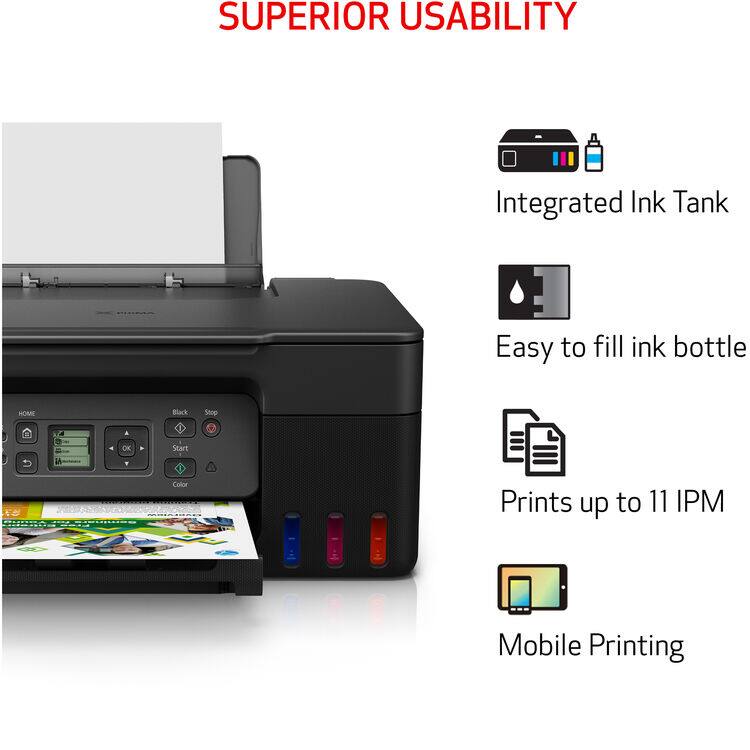 SUPERIOR USABILITY

- Integrated Ink Tank
- Easy to fill ink bottle
- Prints up to 11 IPM
- Mobile Printing