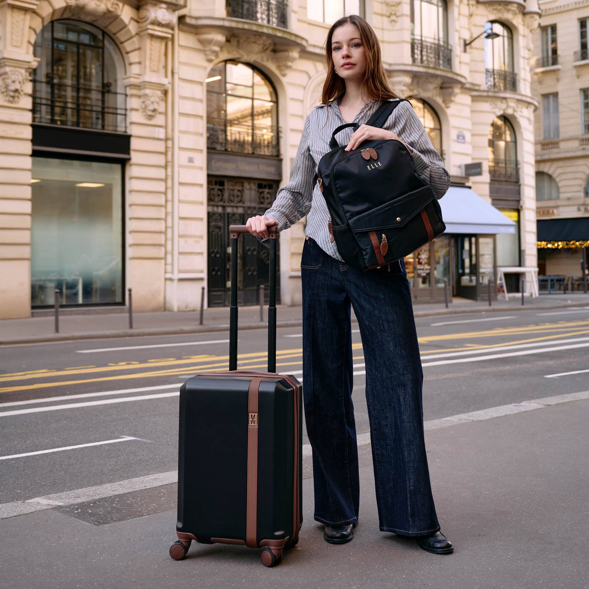 Angle. Elle - ELLE Luxe Journey Expandable Retro Spinner Carry-on Suitcase | Black - Black.