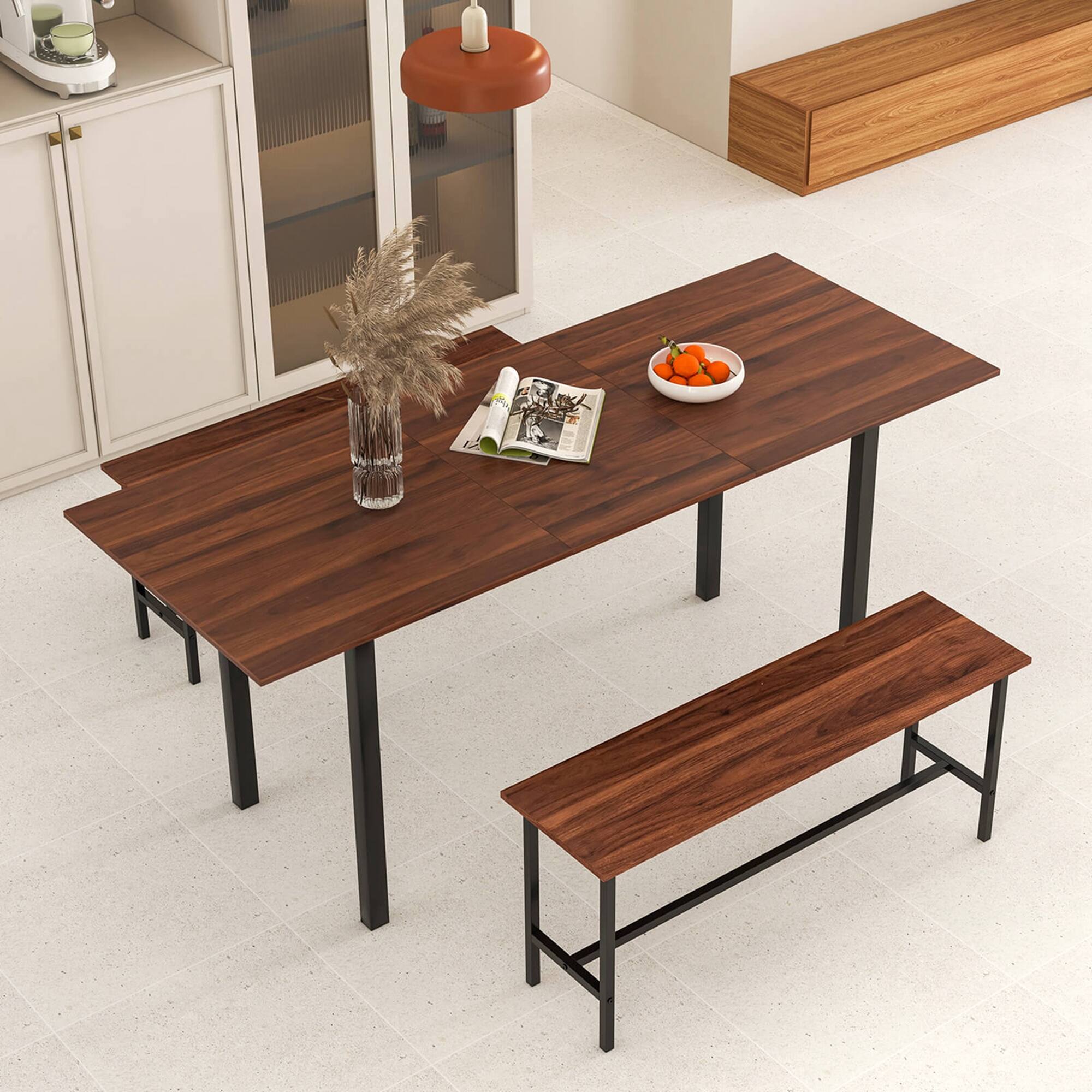 Alt View 12. Costway - 3 Piece Dining Table Set for 4-6  63"Kitchen Table with 2 Benches Metal Frame Walnut - Walnut.