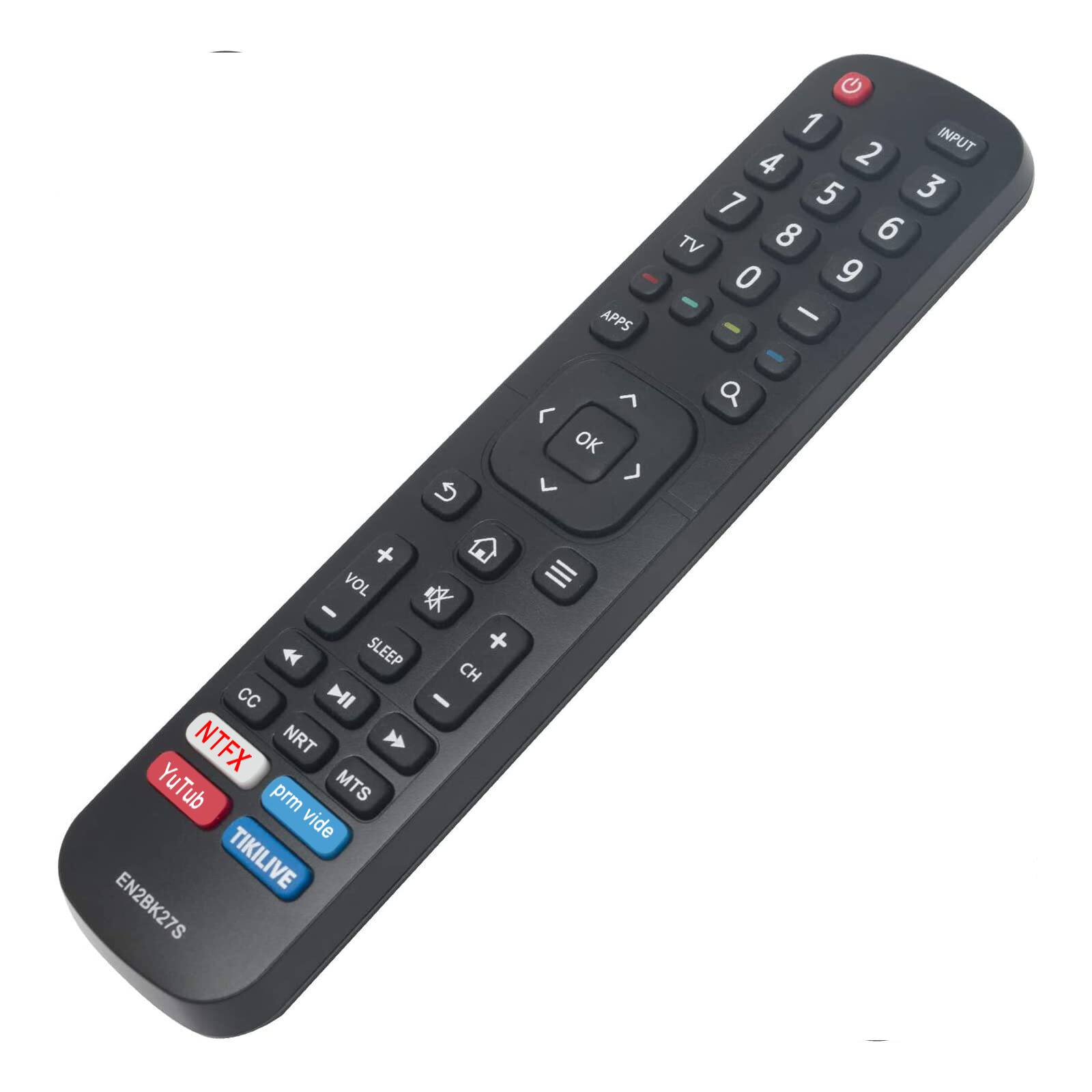 APPS 7 > OK L  
1 2 INPUT 4 5 3 7 TV 8 6 0 9 -  
+ VOL SLEEP CC NTFX NRT YouTube prime vide MTS EN2BK27S TIKILIVE  
+ CH