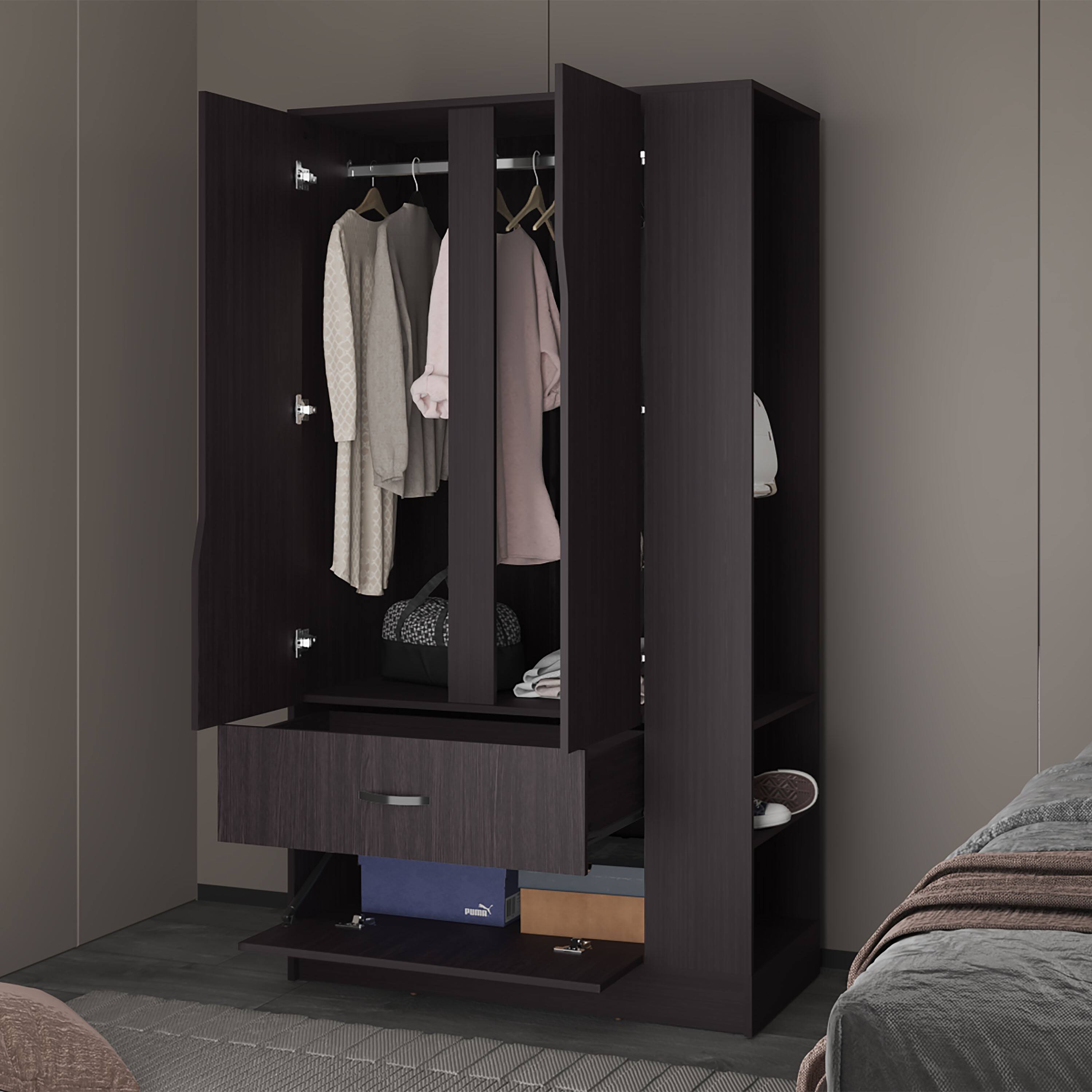 Back. TuHome - Dakota Armoire With Double Doors, Hanging Rod And Interior Shelves, Freestanding Modern Wardrobe - Black.