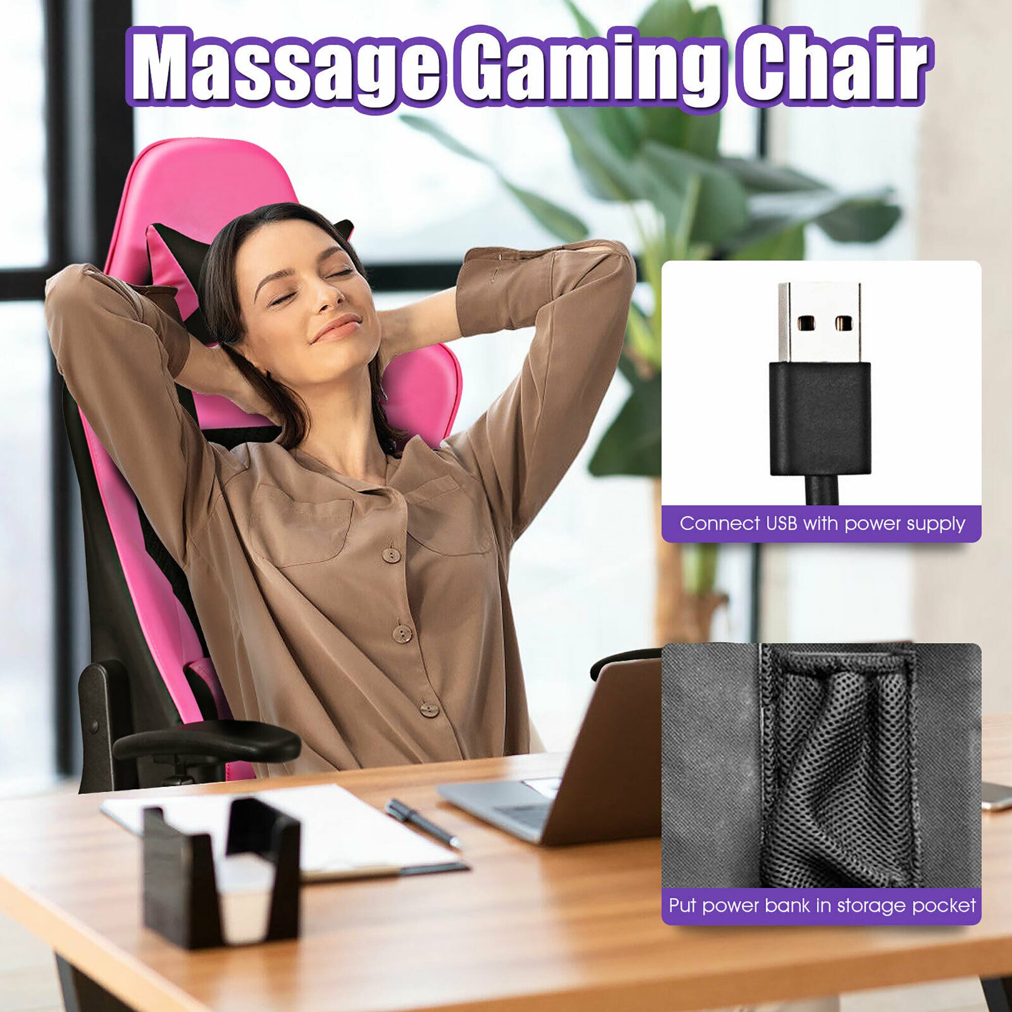 The text on the image is grouped as follows:
1. Massage Gaming Chair
2. Connect USB with power supply
3. Put power bank in storage pocket