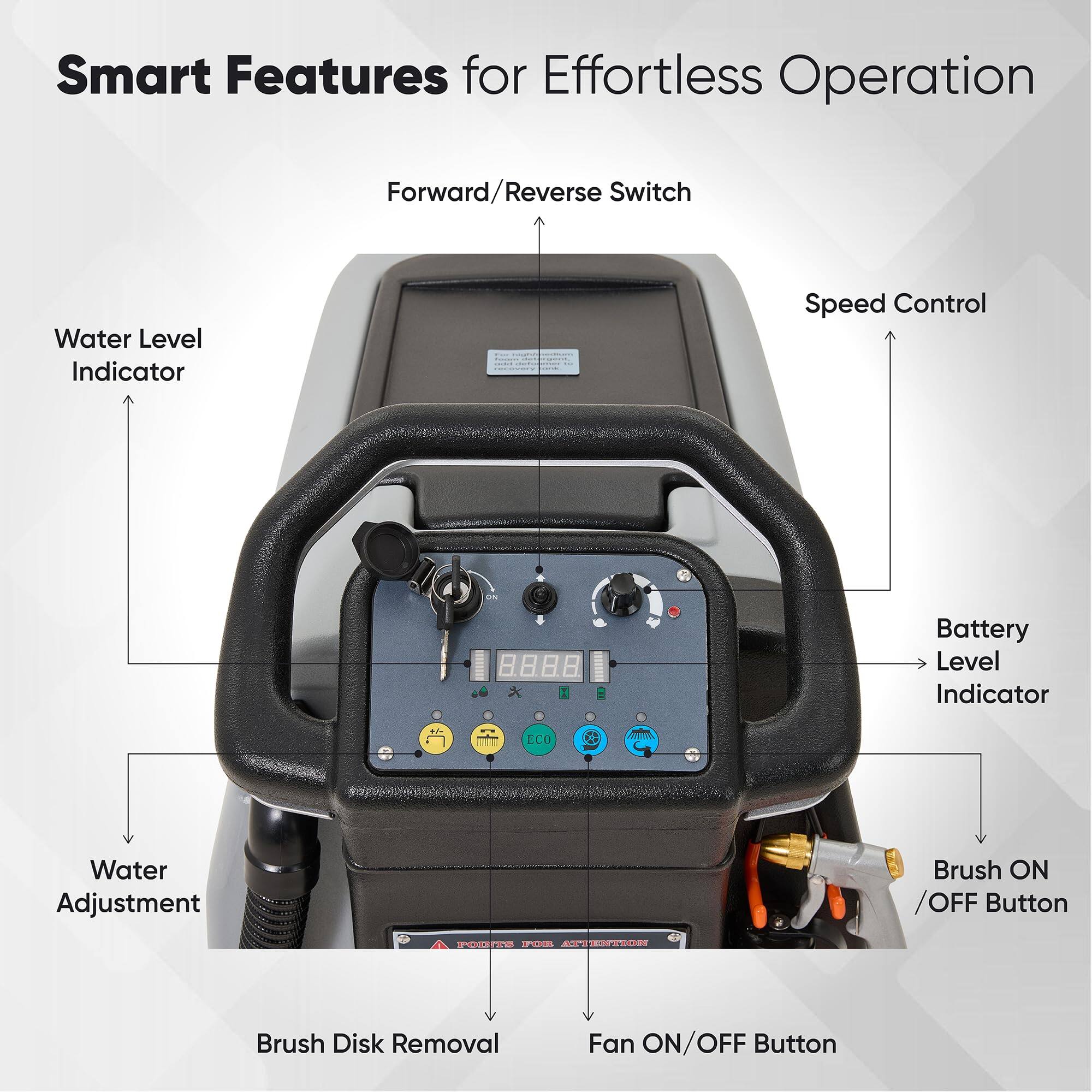 Smart Features for Effortless Operation  
- Forward/Reverse Switch  
- Water Level Indicator  
- Speed Control  
- Battery Level Indicator  
- ECO Water Adjustment  
- Brush ON/OFF Button  
- Brush Disk Removal  
- Fan ON/OFF Button