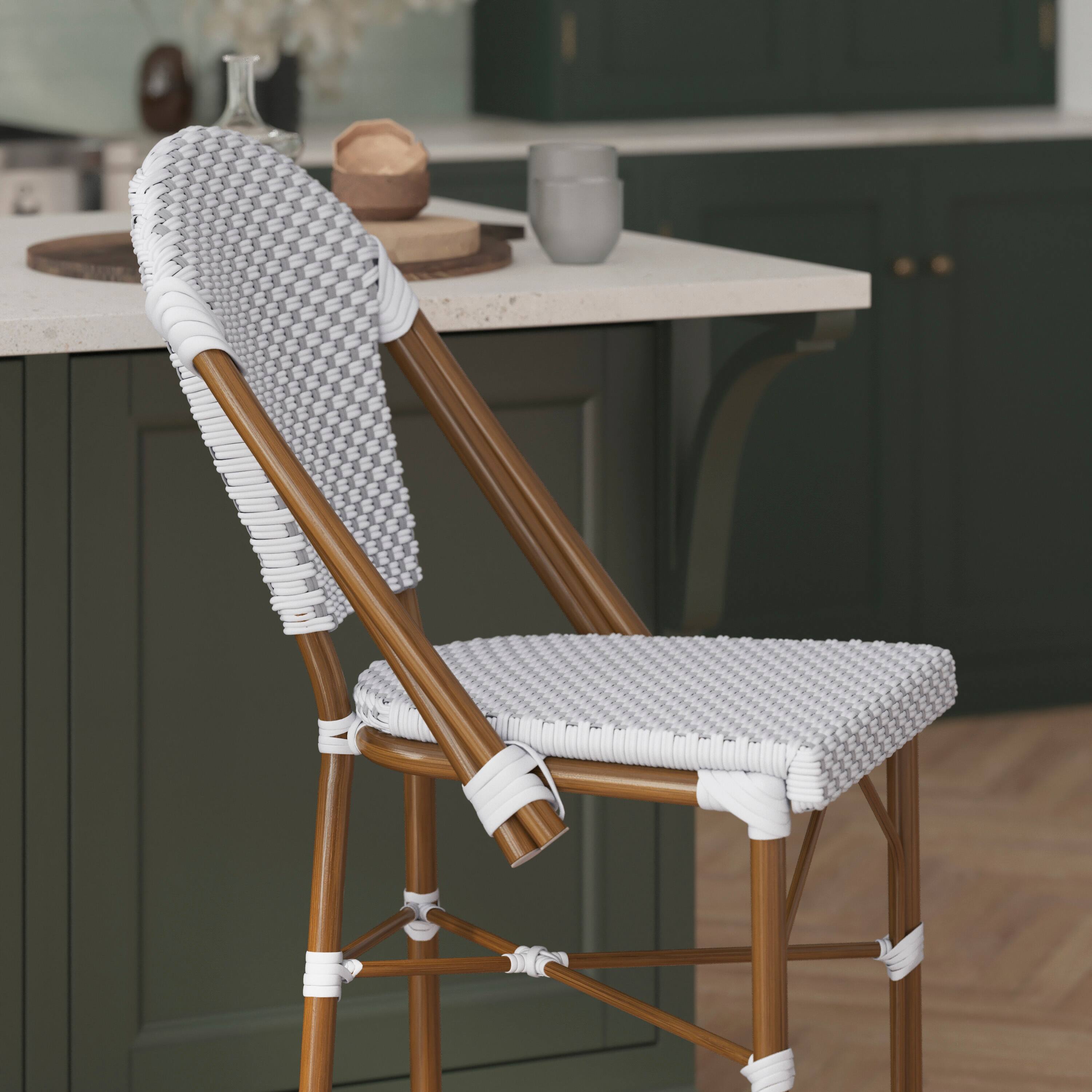 Alt View 4. Flash Furniture - Lourdes Set of 2 Stackable Indoor/Outdoor Bistro 26" High Counter Height Stools, Commercial Grade, White/Gray and Bamboo - Gray.