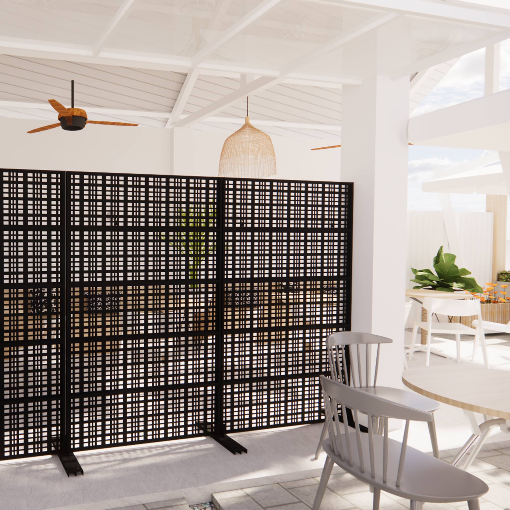 Alt View 2. Loheer - Freestanding Metal Privacy Screen 6 ft x 3.61 ft Decorative Room Divider for Patio Balcony Garden - Black.