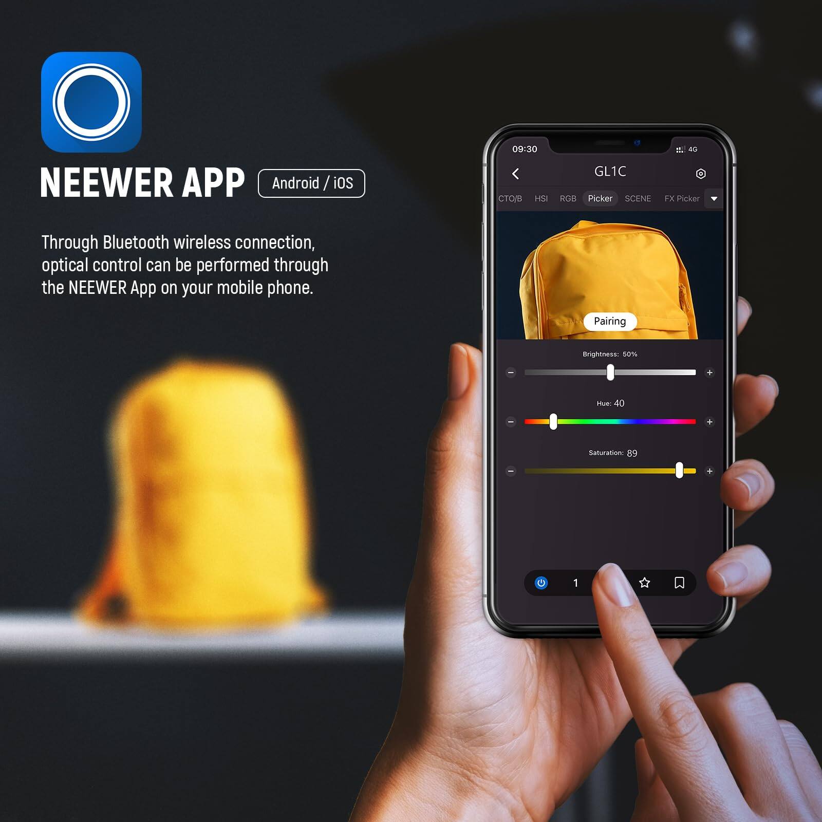 NEEWER APP  
Android / iOS  

Through Bluetooth wireless connection, optical control can be performed through the NEEWER App on your mobile phone.  

Pairing  
Brightness: 50%  
Hue: 40  
Saturation: 89