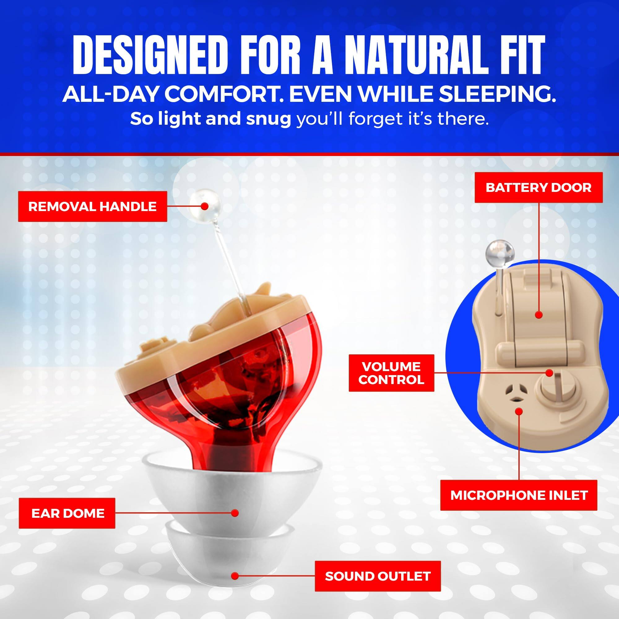 DESIGNED FOR A NATURAL FIT  
ALL-DAY COMFORT. EVEN WHILE SLEEPING.  
So light and snug you'll forget it's there.

- REMOVAL HANDLE
- BATTERY DOOR
- VOLUME CONTROL
- MICROPHONE INLET
- SOUND OUTLET
- EAR DOME