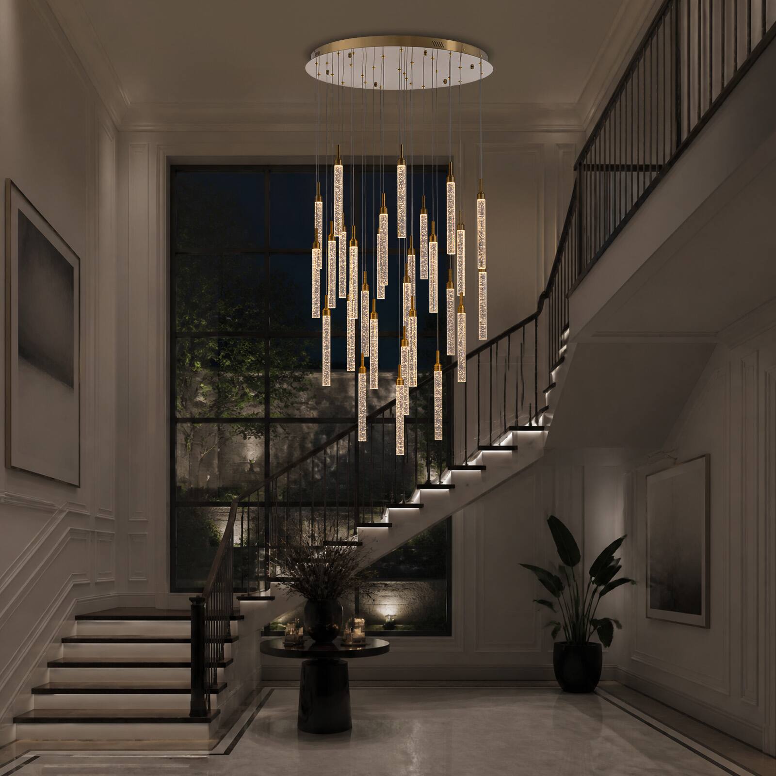 Alt View 1. Siljoy - 31.5-In Gold Bubble Glass Chandelier 28‑Light Adjustable Staircase Pendant Light for High Ceilings Foyer Living Room - Gold.