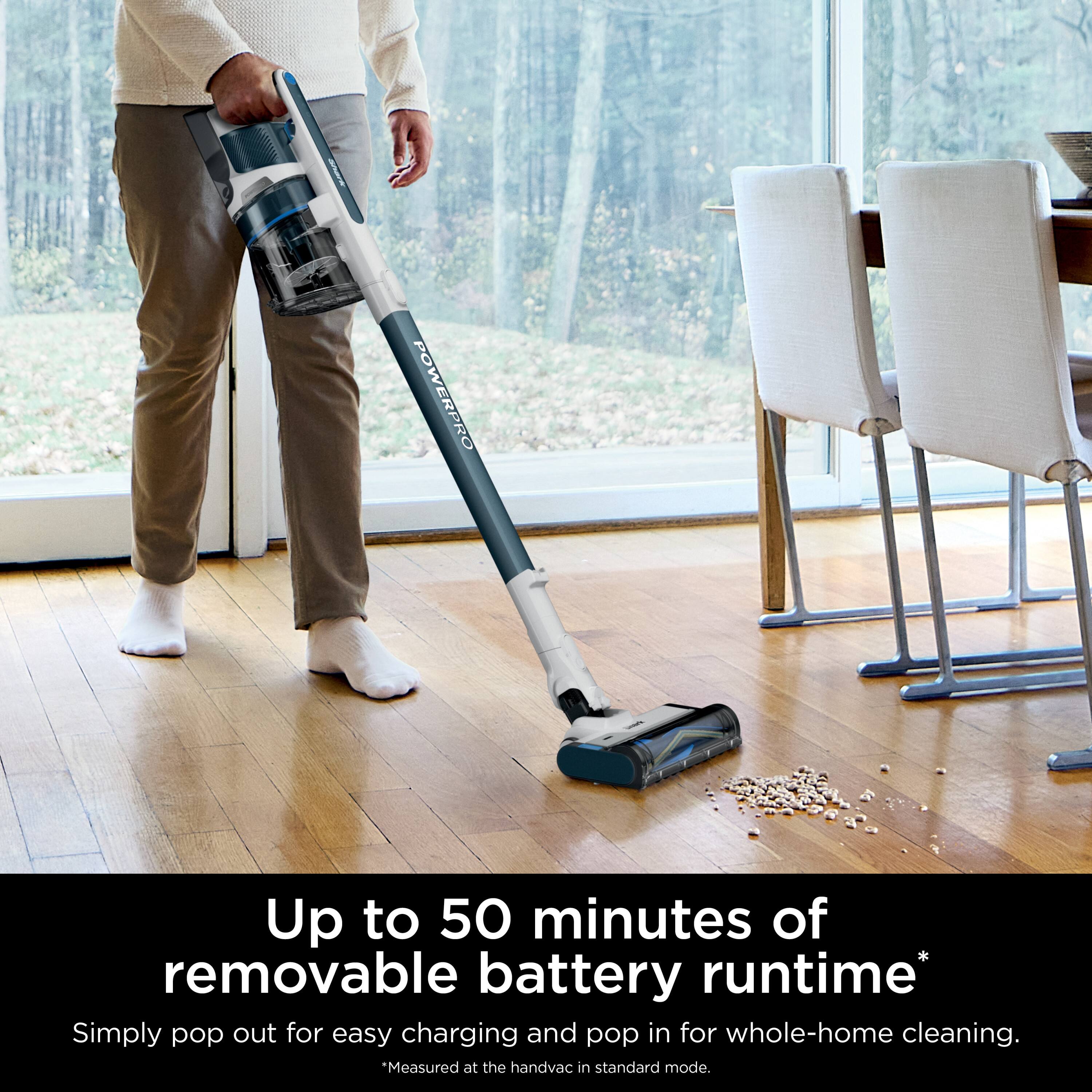 Up to 50 minutes of removable battery runtime*  
Simply pop out for easy charging and pop in for whole-home cleaning.  
Measured at the handvac in standard mode.