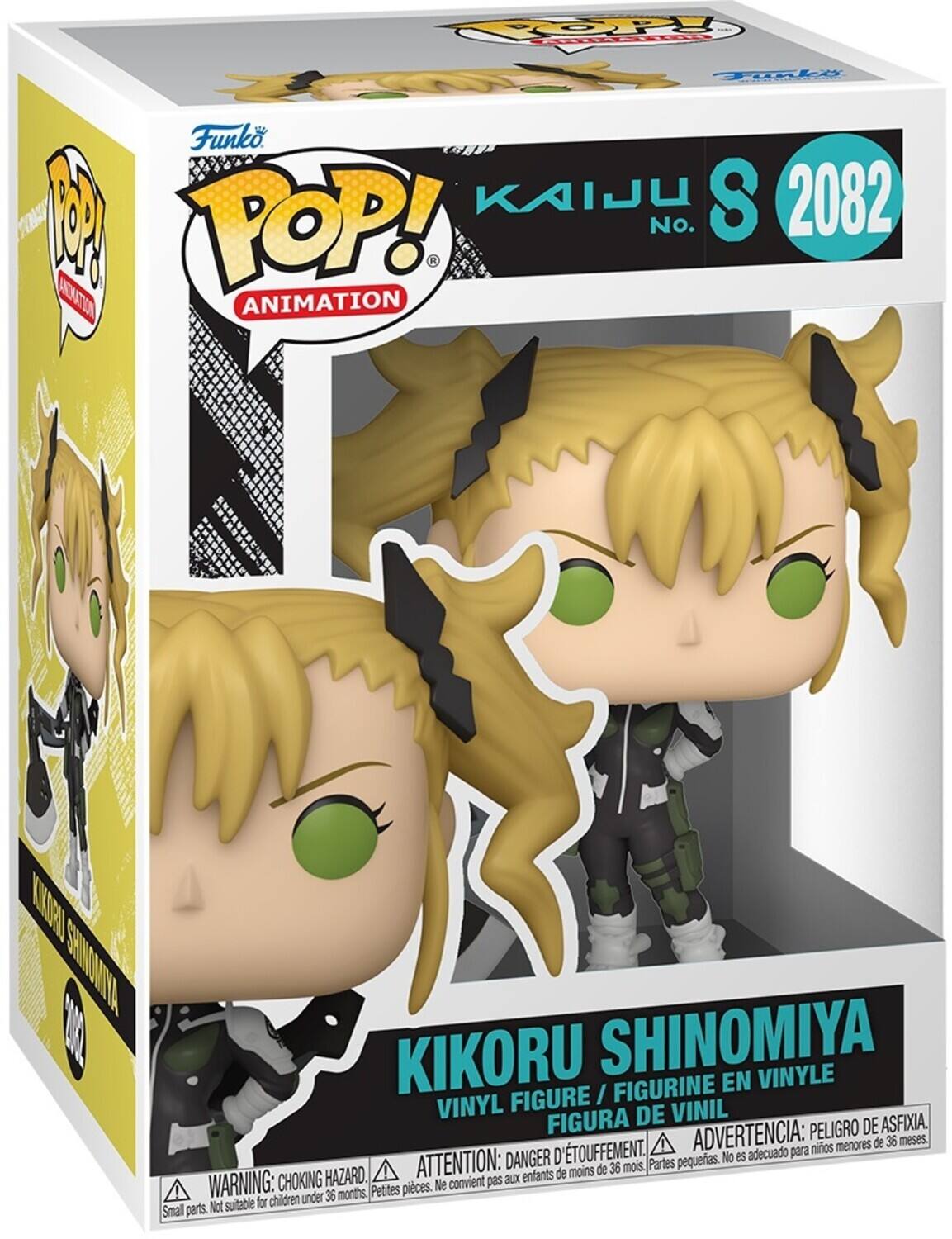 Sure, here is the corrected and grouped text from the image:

---

**Funko POP! Animation**

**KAIJU S 2082**

**KIKORU SHINOMIYA**

**VINYL FIGURE / FIGURINE EN VINYLE / FIGURA DE VINIL**

**WARNING: CHOKING HAZARD. Small parts. Not suitable for children under 36 months.**

**ATTENTION: DANGER D'ÉTOUFFEMENT. Petites pièces. Ne convient pas aux enfants de moins de 36 mois.**

**ADVERTENCIA: PELIGRO DE ASFIXIA. Partes pequeñas. No es adecuado para niños menores de 36 meses.**

---

This text is organized to reflect the information on the packaging accurately.