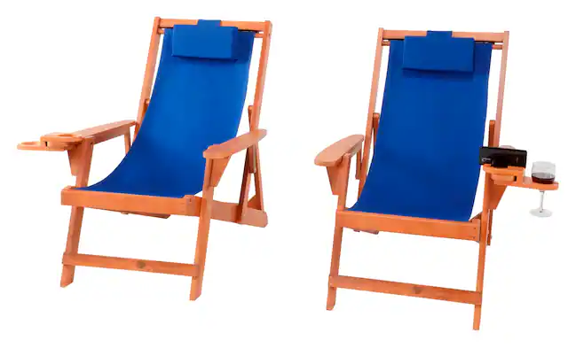 Front. Jiallo - Romantic Collection Canvas Sling Chair with Cup and Wine Holder (Set of 2) - Walnut color with blue fabric.