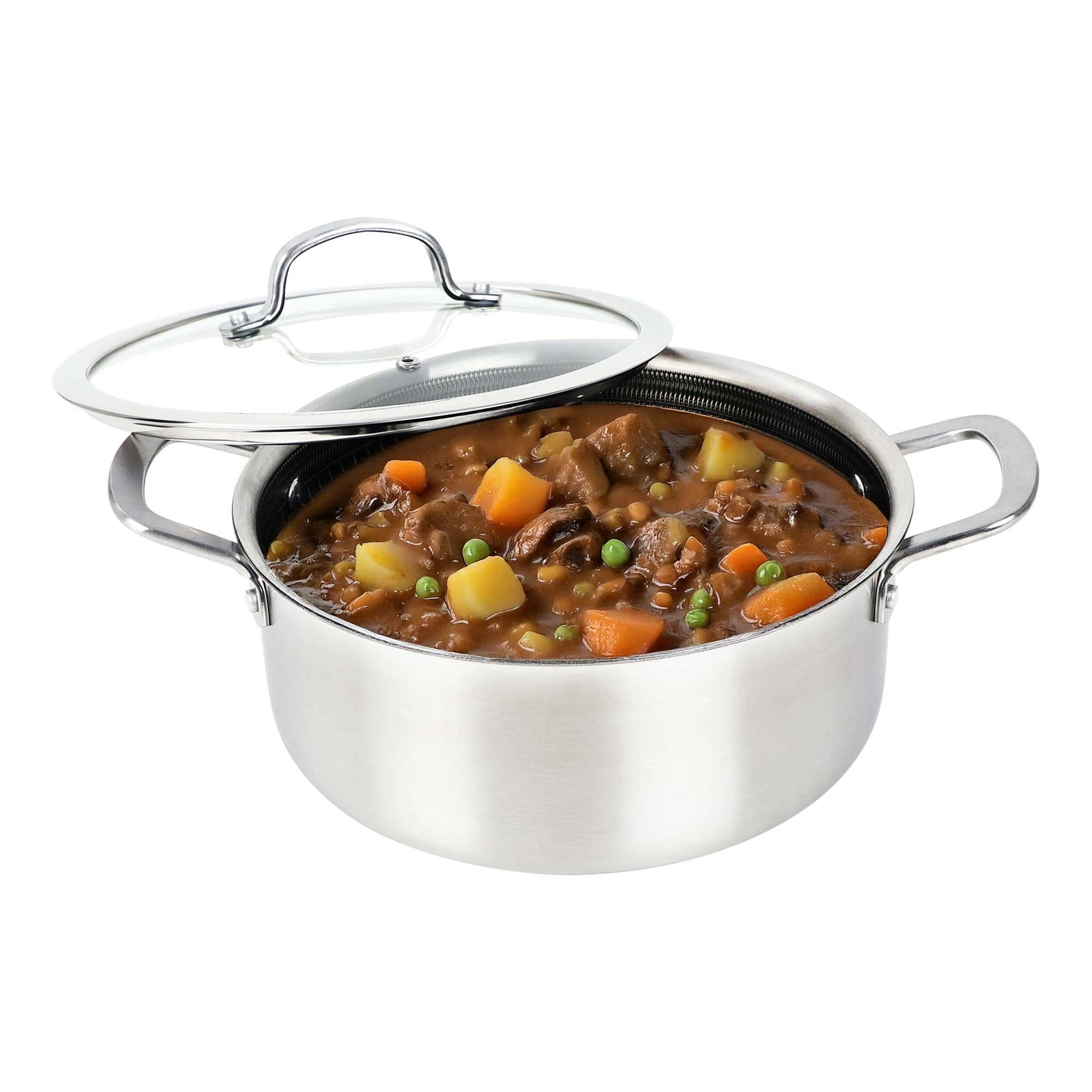 Angle. Brentwood - Brentwood 5 Quart 3-Ply Hybrid Non-Stick Stainless Steel Dutch Oven with Tempered Glass Lid - Silver.