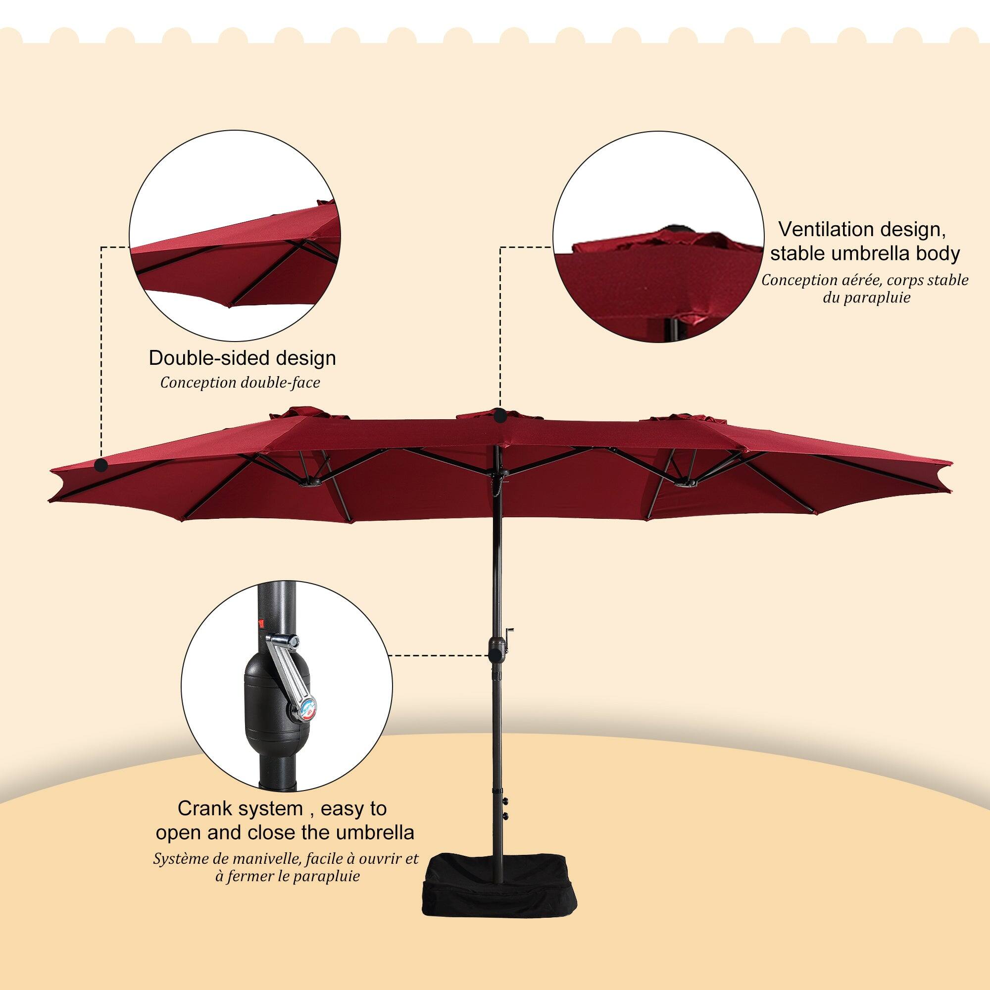 Ventilation design, stable umbrella body  
Conception aérée, corps stable du parapluie  

Double-sided design  
Conception double-face  

Crank system, easy to open and close the umbrella  
Système de manivelle, facile à ouvrir et à fermer le parapluie