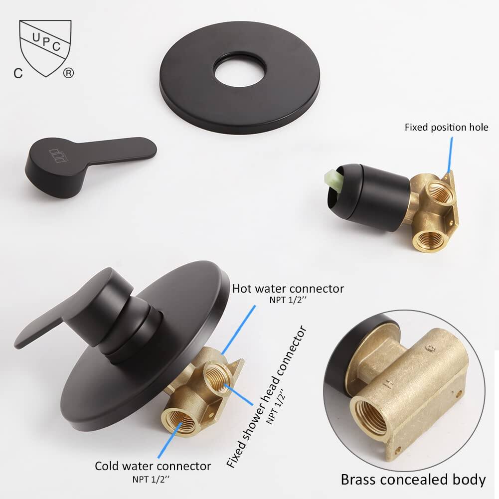 UPC C

- Fixed position hole
- Hot water connector NPT 1/2"
- Cold water connector NPT 1/2"
- Fixed shower head NPT 1/2"
- Brass concealed body