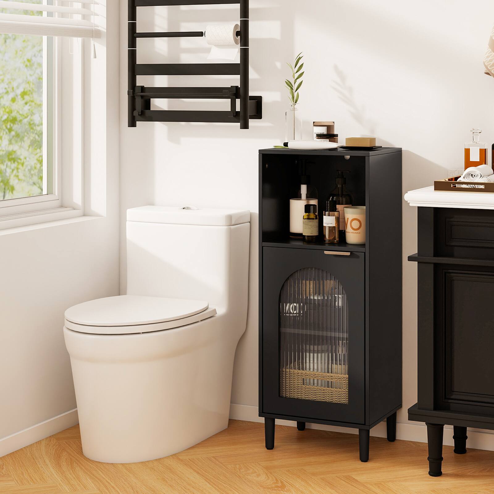 Alt View 3. Costway - Costway Bathroom Floor Cabinet with Adjustable Shelf, Single Tempered Glass Door, Wood Legs - Black.