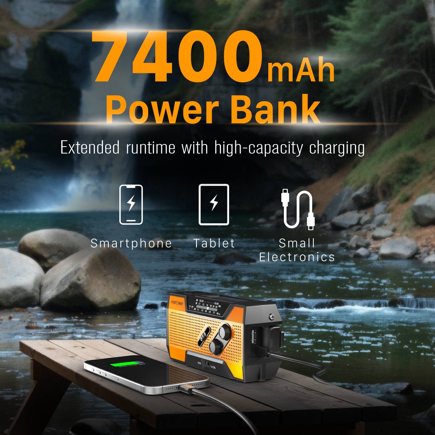 7400 mAh Power Bank

Extended runtime with high-capacity charging

- Smartphone
- Tablet
- Small Electronics