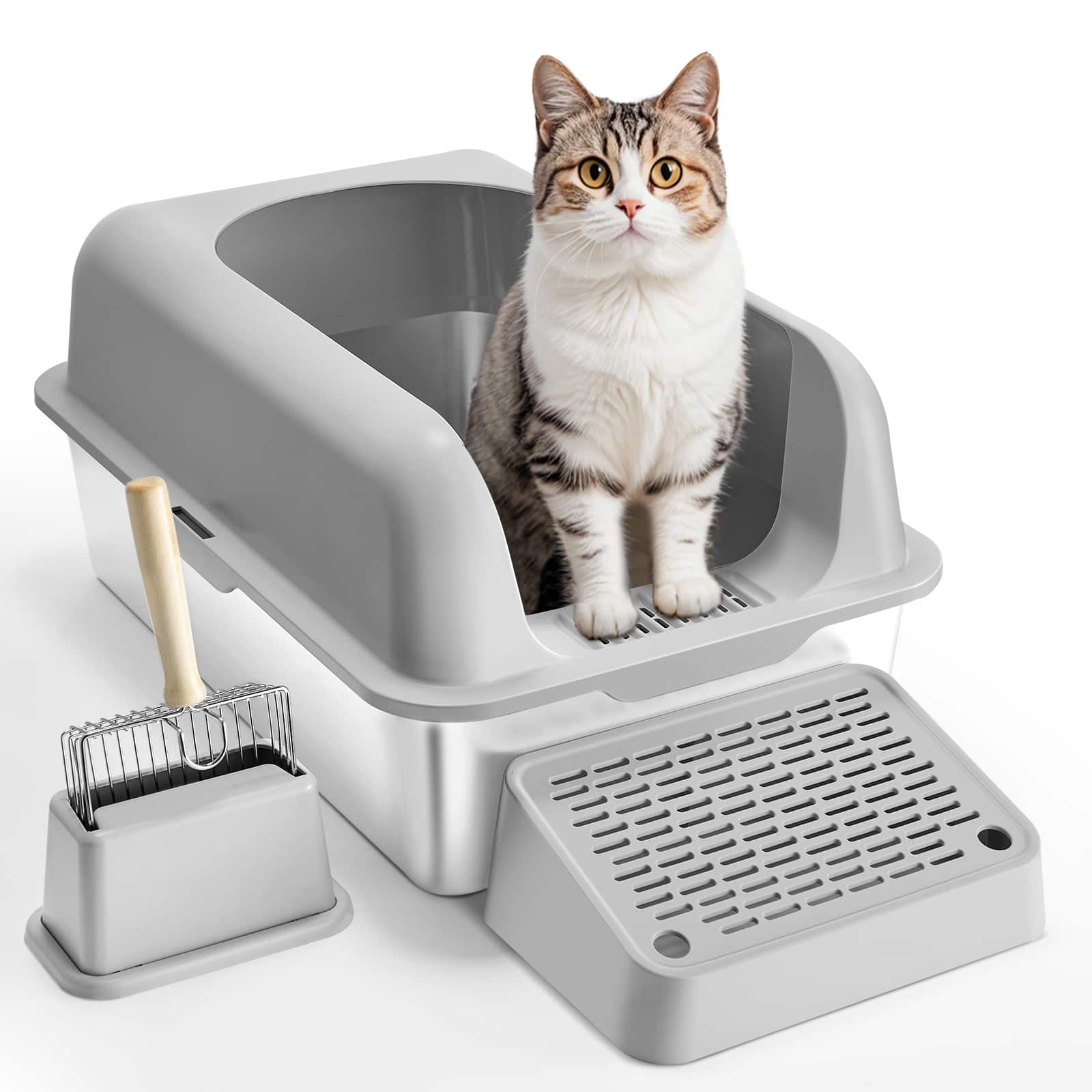 Front. VEVOR - Cat Litter Box, 6 inches Deep, XL Extra Large Stainless Steel Cat Litter Box with Scoop - Light grey.