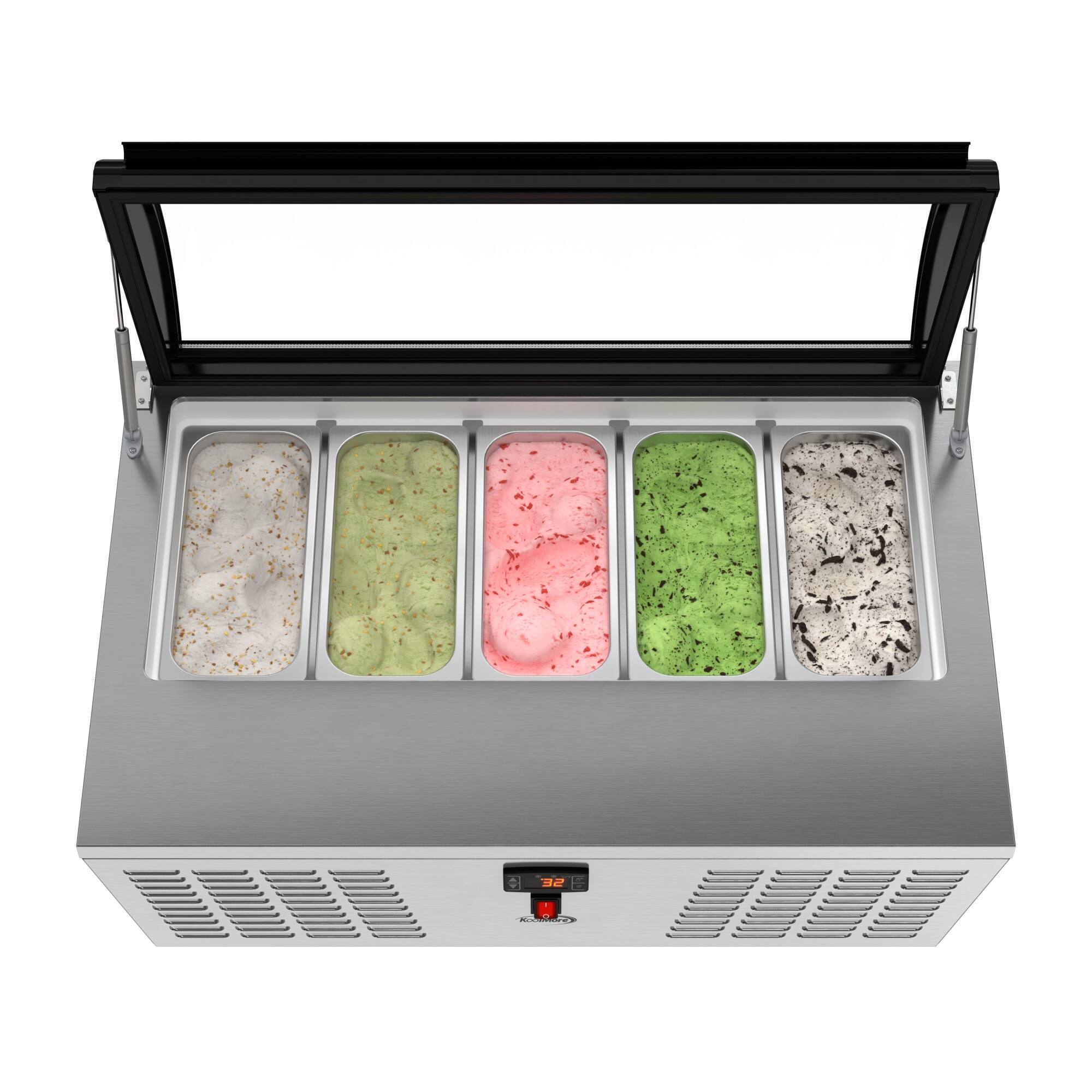 Angle. Koolmore - 39 in. 5-Pan Countertop Ice Cream Display Freezer with Curved Glass Top in Stainless-Steel (KM-CGDR-5P) - Stainless-Steel and Black.