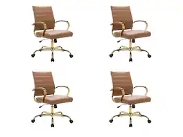 LeisureMod - (Set of 4) Benmar Modern Leather Office Desk Chair with Gold Frame Finish and Swivel Home Office - Brown