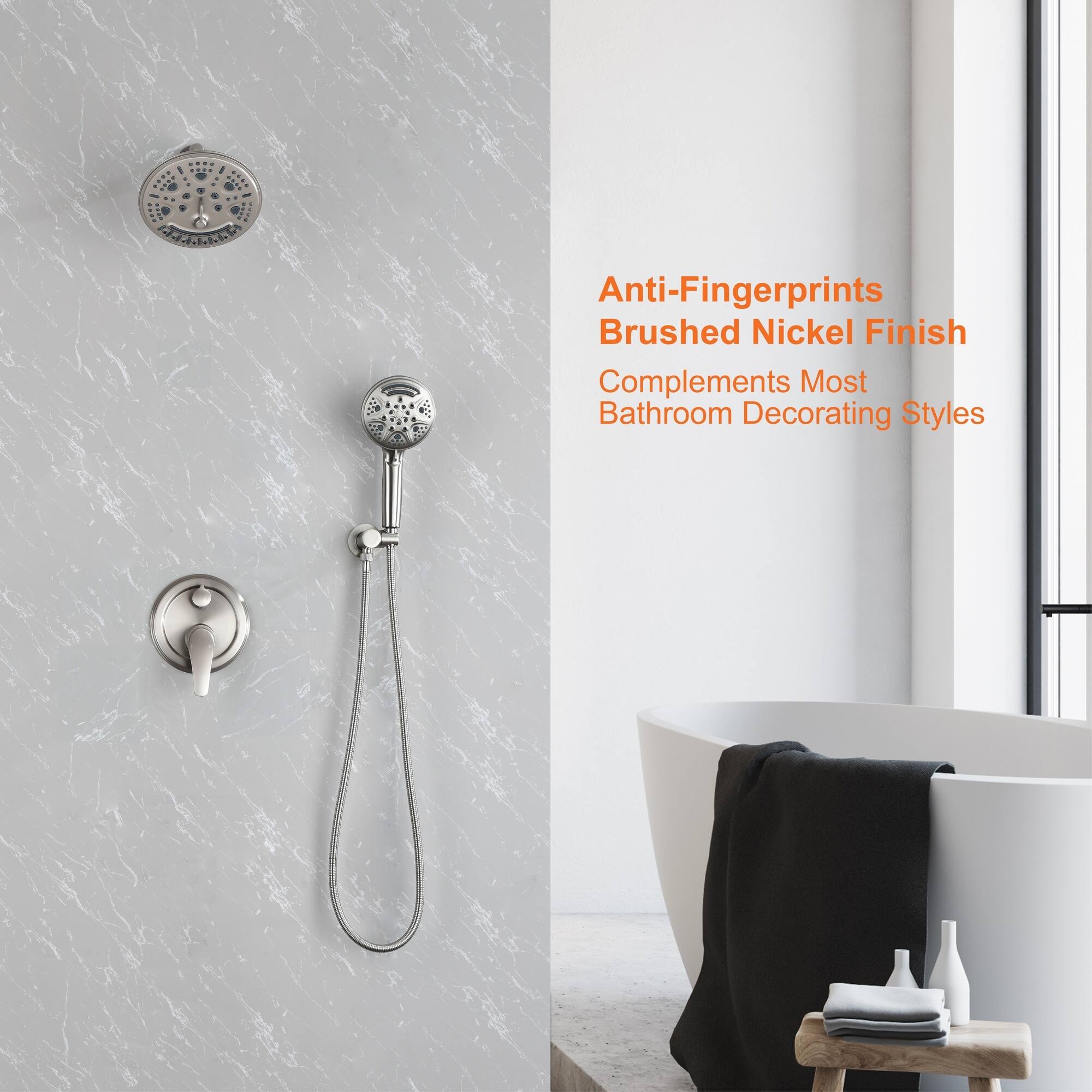 Anti-Fingerprints  
Brushed Nickel Finish  
Complements Most Bathroom Decorating Styles