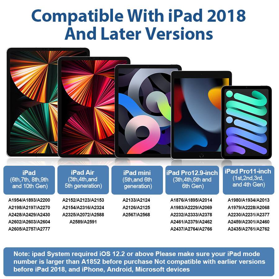 Compatible With iPad 2018 And Later Versions

- iPad (6th, 7th, 8th, 9th, and 10th Gen)
  - A1954/A1893/A2200
  - A2152/A2123/A2153
  - A2133/A2124
  - A1876/A1895/A2014
  - A1980/A1934/A2013
  - A2198/A2197/A2270
  - A2154/A2316/A2324
  - A2126/A2125
  - A1983/A2229/A2069
  - A1979/A2228/A2068
  - A2428/A2429/A2430
  - A2325/A2072/A2588
  - A2567/A2568

