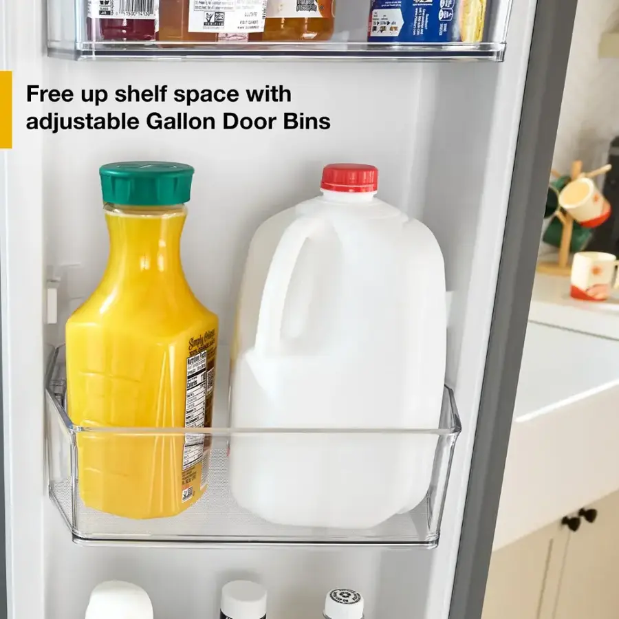 The text on the image reads: "Free up shelf space with adjustable gallon door bins."