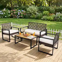 Gymax - 4-Piece Patio Conversation Set w/2 Single Chairs Cushioned Loveseat Coffee Table Mixed Black & White - Brown