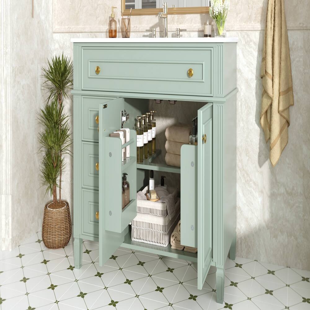 Alt View 1. Loheer - Loheer 36 Inch Bathroom Vanity with Sink, Green Solid Wood Cabinet, Flip-Out Drawer & Gold Handles - Green.
