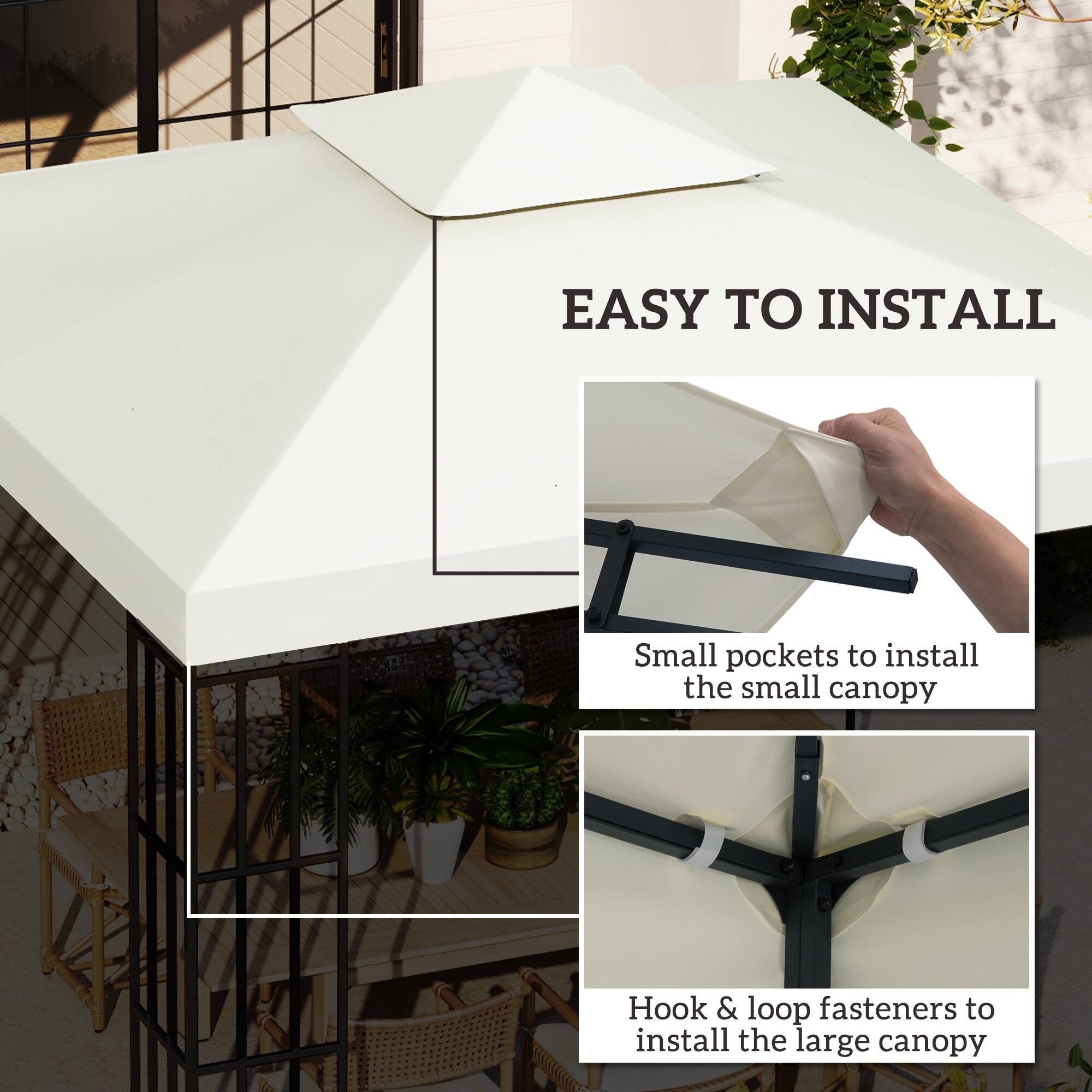 EASY TO INSTALL

Small pockets to install the small canopy

Hook & loop fasteners to install the large canopy