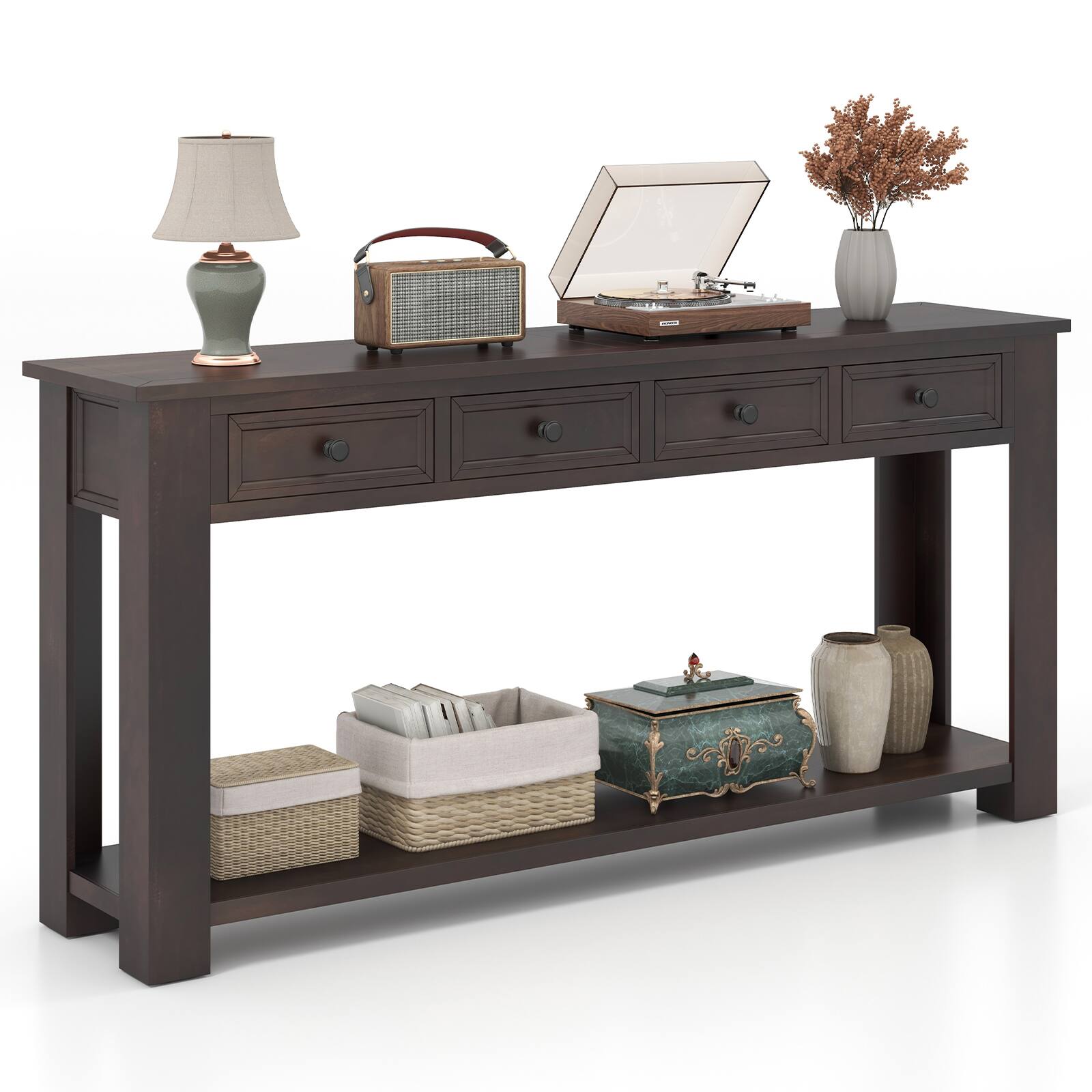Front. Ecooso - 63 Inch Farmhouse Entryway Console Table with 4 Drawers and Open Storage Shelf - Espresso.