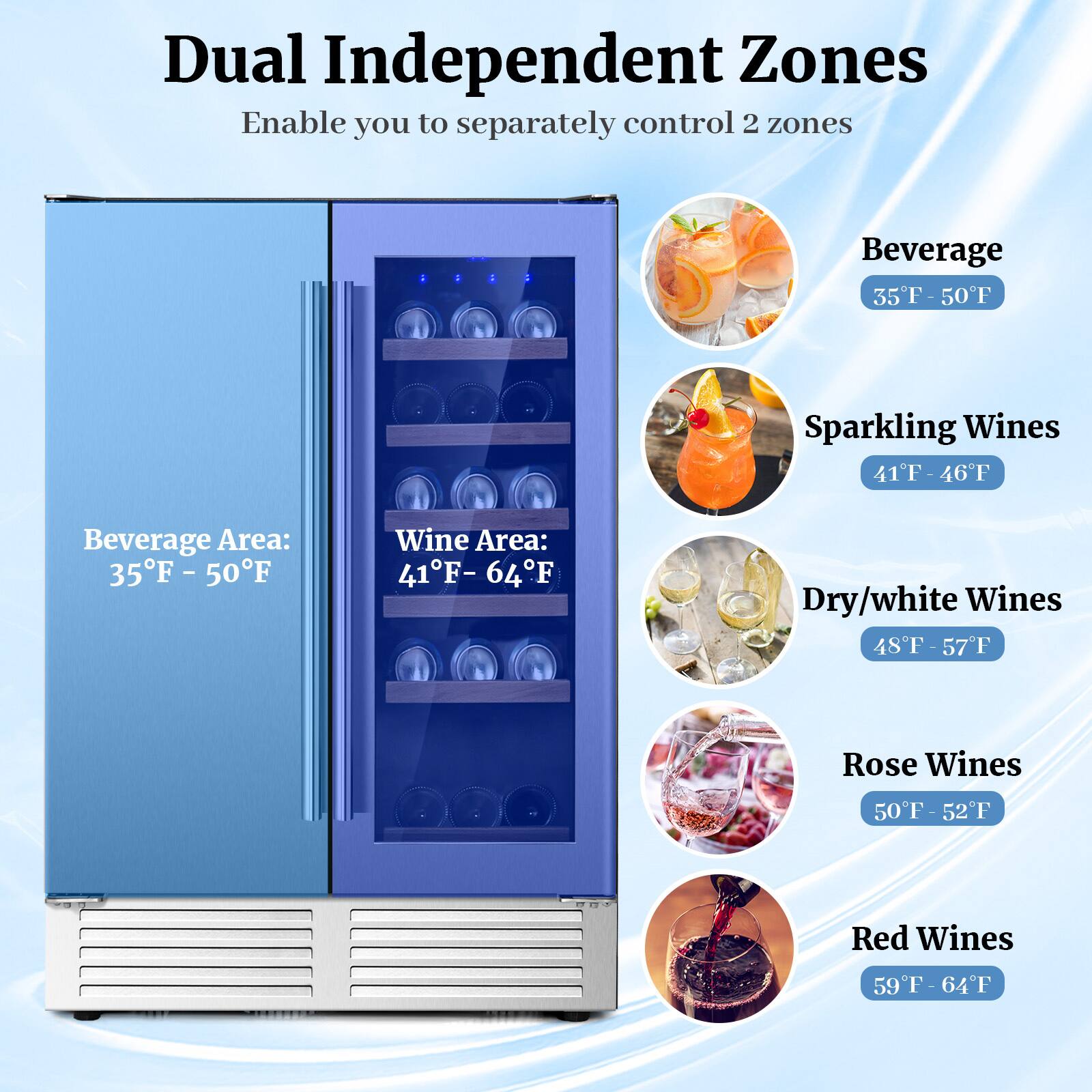 Dual Independent Zones  
Enable you to separately control 2 zones

Beverage Area: 35°F - 50°F  
Wine Area: 41°F - 64°F

- Beverage: 35°F - 50°F  
- Sparkling Wines: 41°F - 46°F  
- Dry/white Wines: 48°F - 57°F  
- Rose Wines: 50°F - 52°F  
- Red Wines: 59°F - 64°F