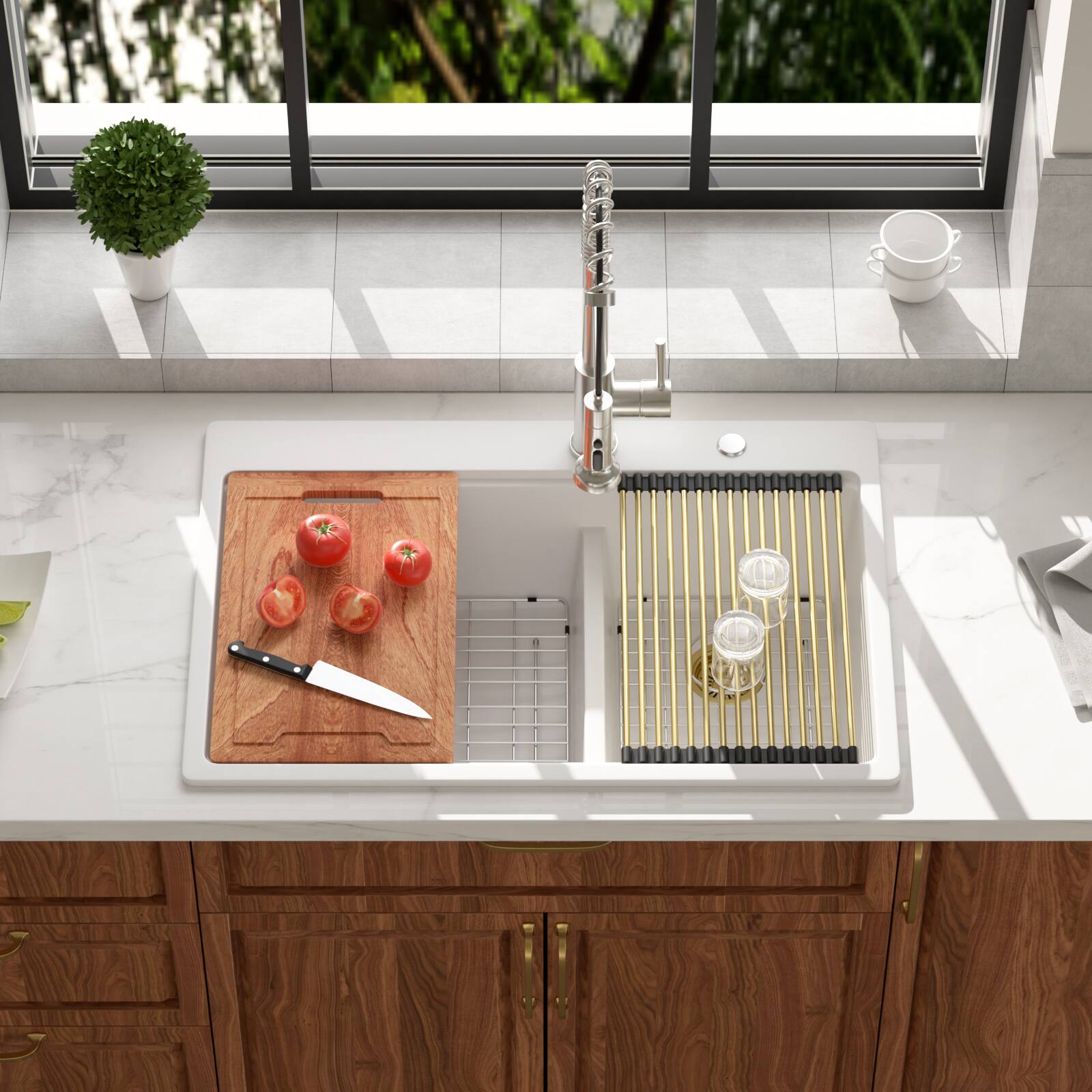 Angle. Lordear - 33x22x10 Inch White Granite Composite Workstation kitchen Sink Low Divide 60/40 Double Bowl Quartz Drop In Kitchen Sink - White.