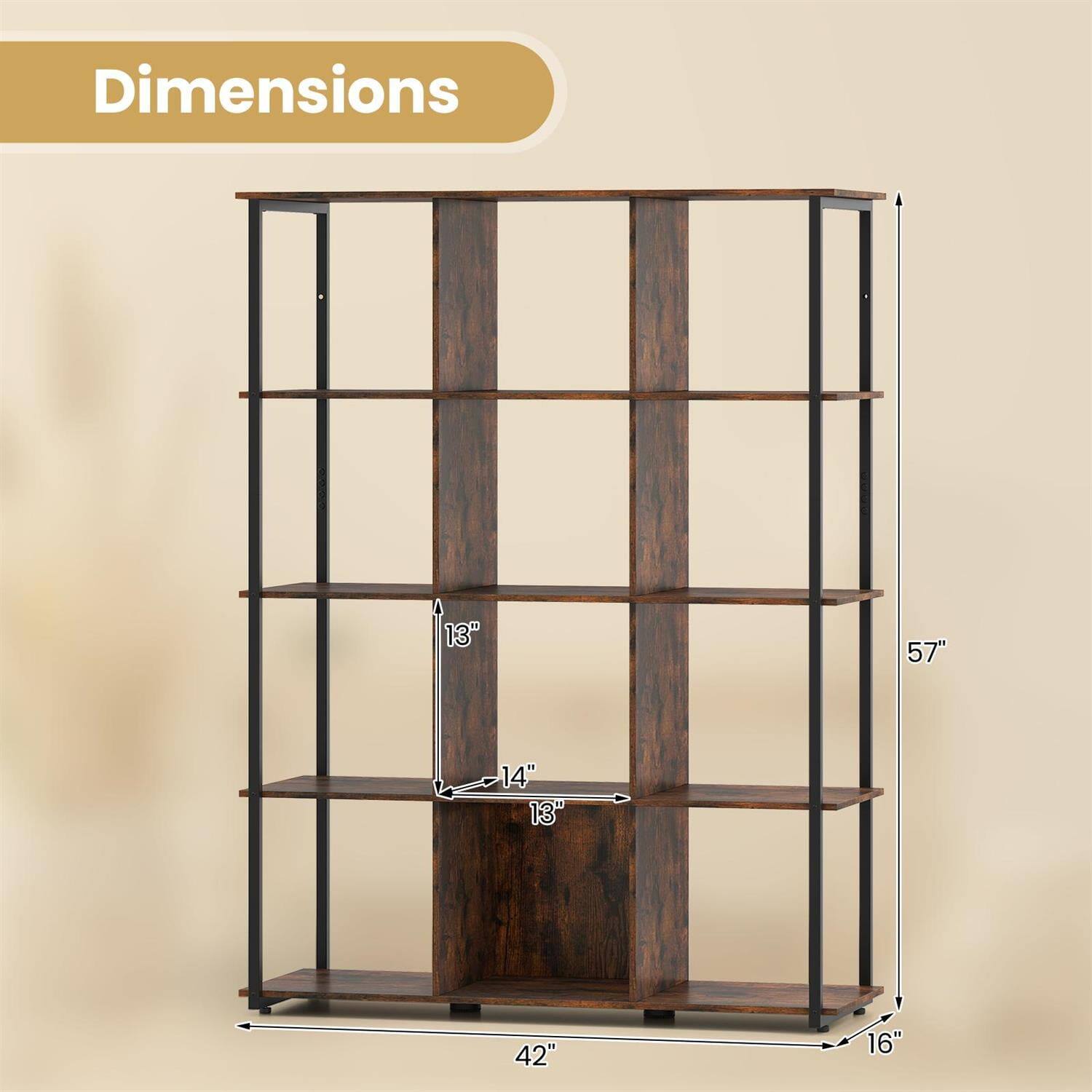 Dimensions: 42" x 16" x 57"  
Shelf depth: 13"  
Shelf spacing: 14"