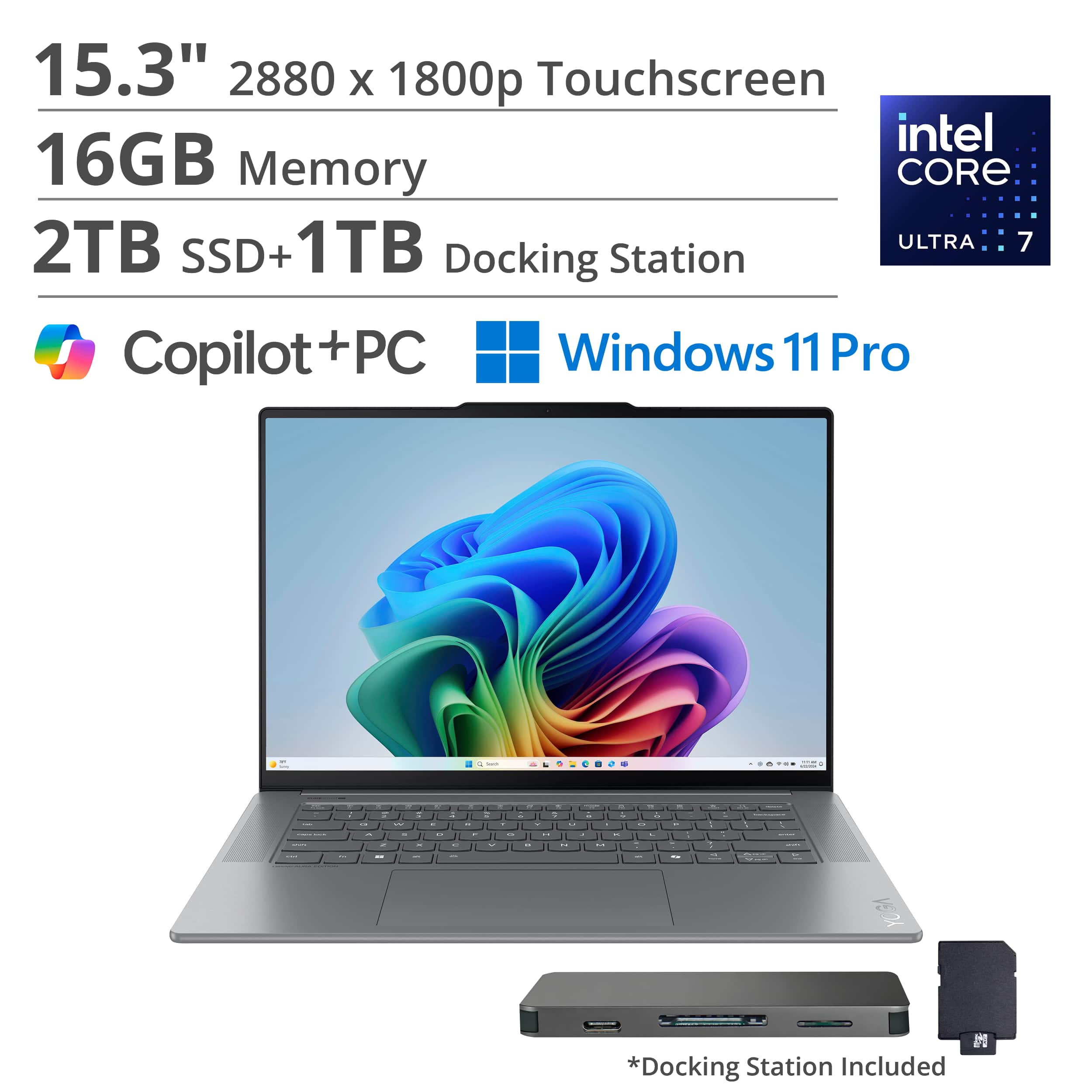 Lenovo - Yoga Slim 7i Aura Edition - Copilot+ PC - 15.3" 3K 120Hz Touchscreen Laptop - Intel Core Ultra 7 256V 2024 - 16GB - 2TB - Luna Gray
