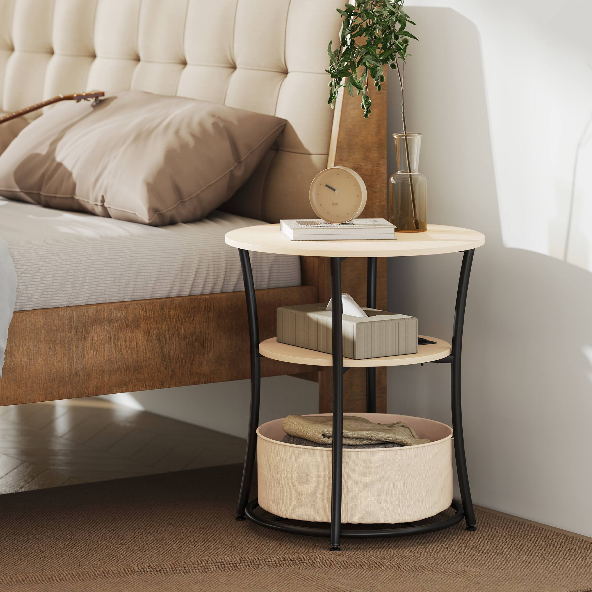 Alt View 1. Homcom - Side Table with Charging Station, 3-Tier End Table with Fabric Storage Bag and Shelf - Natural Wood.
