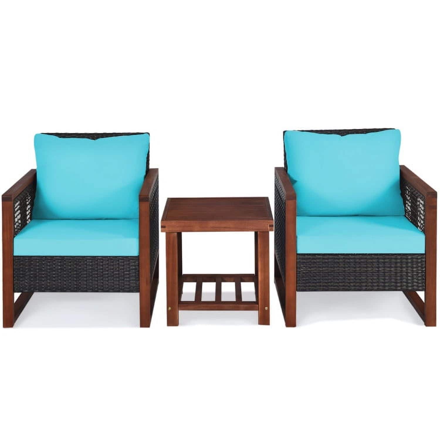 Pefilos - 3 Pieces Acacia Wood Backyard Patio Furniture Set Outdoor Furniture Garden Conversation Sets with Coffee Table-Turquoise - Blue
