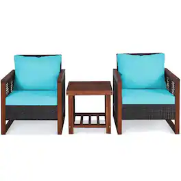 Kadyn - 3 Pieces Acacia Wood Patio Furniture Set, Outdoor Furniture Garden Conversation Sets with Coffee Table-Turquoise - Blue