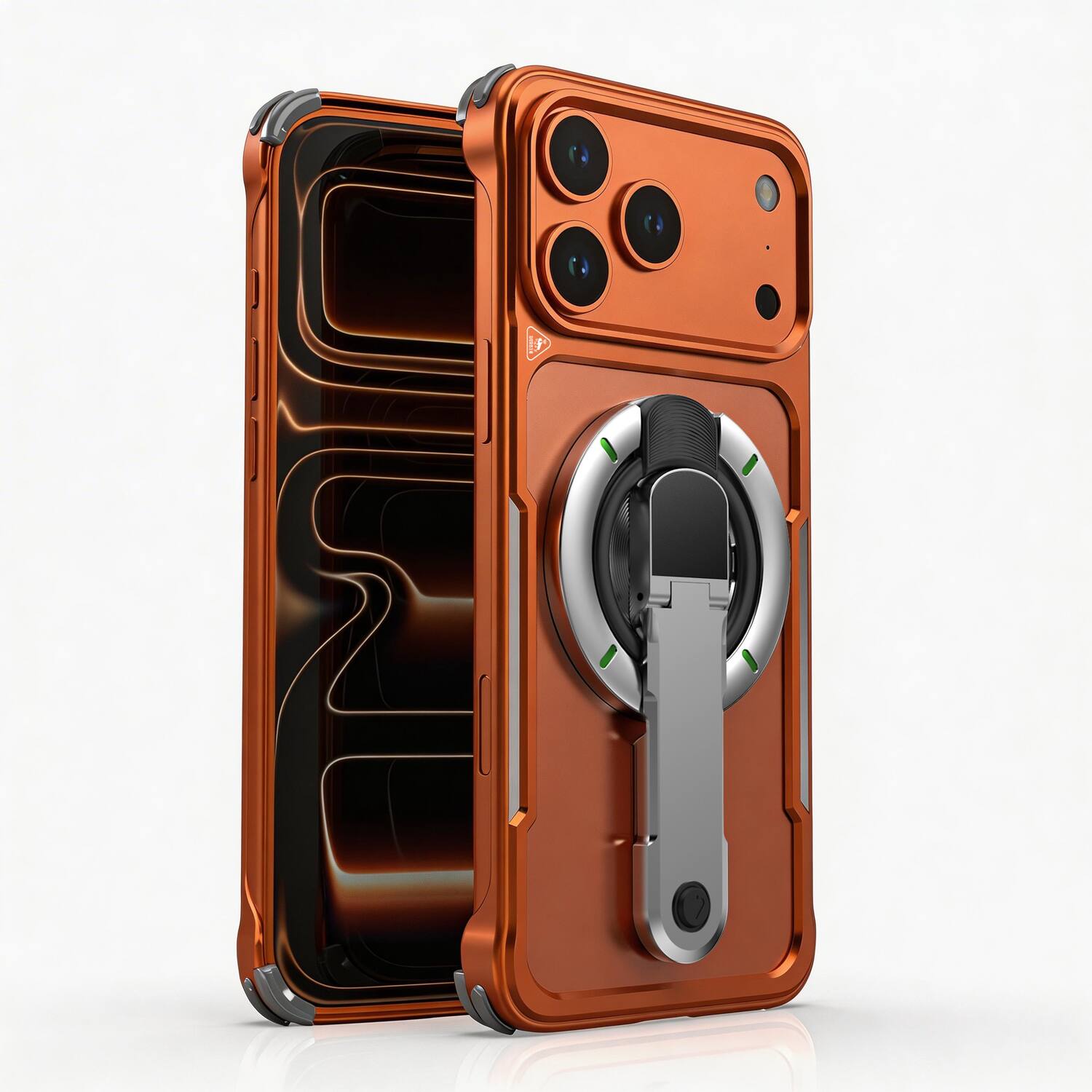 Dteck - for Apple iPhone 17 Pro Max Metal Frame Magnetic Case,Shockproof Bumper Cover w/ Tempered Glass Film & Metal Kickstand - Orange