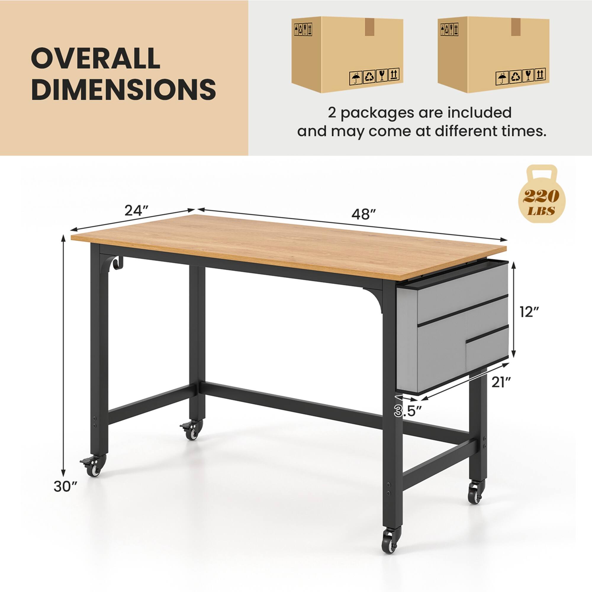OVERALL DIMENSIONS
2 packages are included and may come at different times.
24" 48" 220 LBS 12" 21" 3.5" 30"