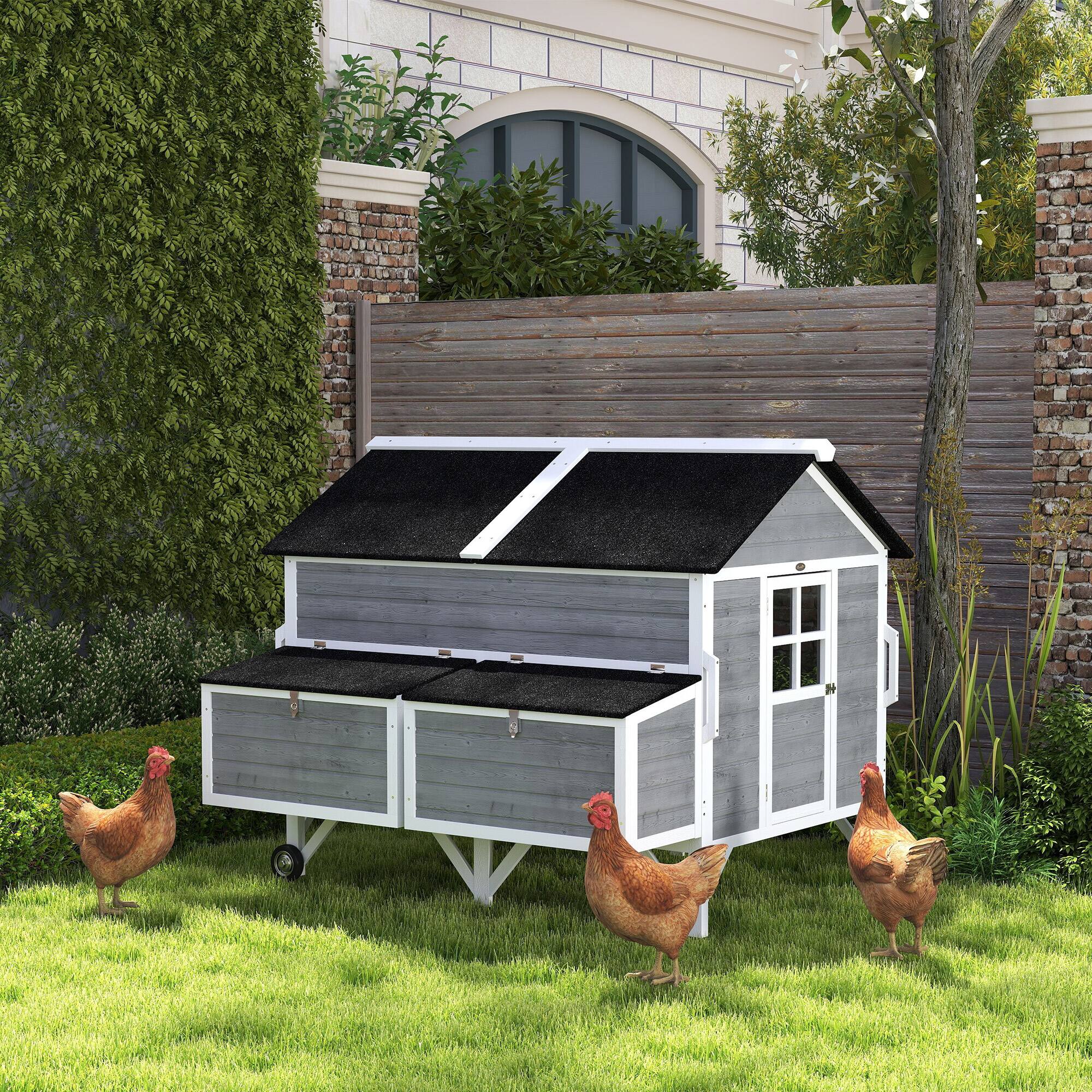 Angle. Pawhut - 59" Wooden Chicken Coop, Mobile, Wheels, Handles, 2 Nesting Boxes, 4 Perches, 2 Trays, Poultry Cage.
