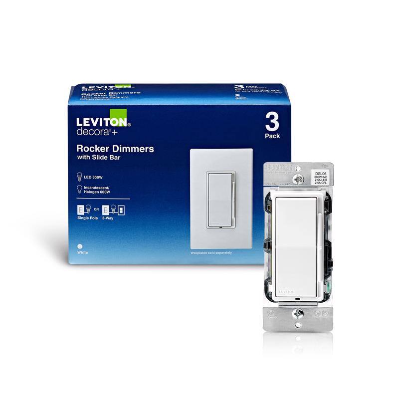 LEVITON Decorative Dimmer - Decorative Dimmers with Slide Bar  
LEVITON Decora+ Rocker Dimmers with Slide Bar  
LED 300W Incandescent/Halogen 600W  
3 Pack  
LW6006S - E  
Single Pole 3-Way  
White  
Wallplate sold separately