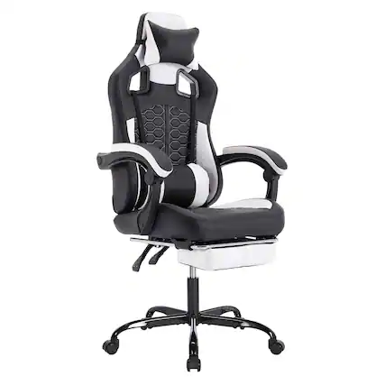 Front. LUCKY ONE - Ergonomic Gaming Chair w/ Footrest, Headrest & Lumbar Support - Blue/White.