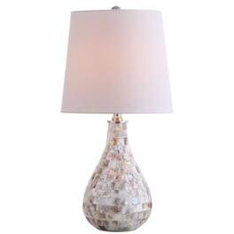 Luckbyte - 20.5 Inch Coastal Seashell LED Table Lamp Linen Drum Shade Modern Bedside Night Light For Living Room Office - White